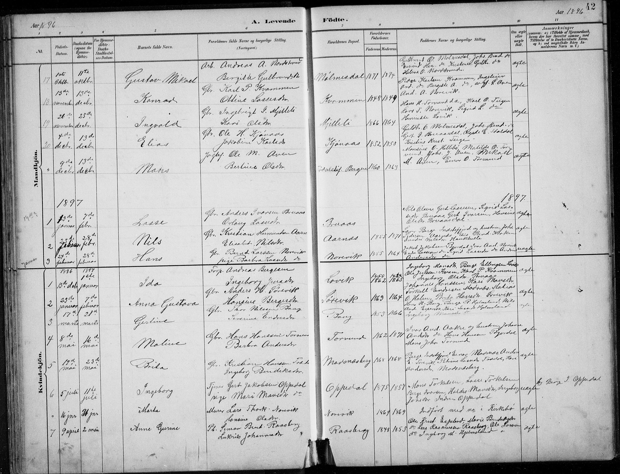 Lavik sokneprestembete, SAB/A-80901: Parish register (copy) no. A 2, 1882-1910, p. 42