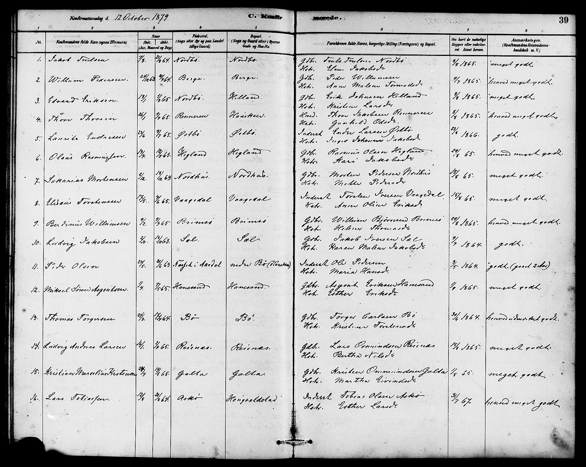 Rennesøy sokneprestkontor, AV/SAST-A -101827/H/Ha/Haa/L0007: Parish register (official) no. A 7, 1878-1884, p. 39