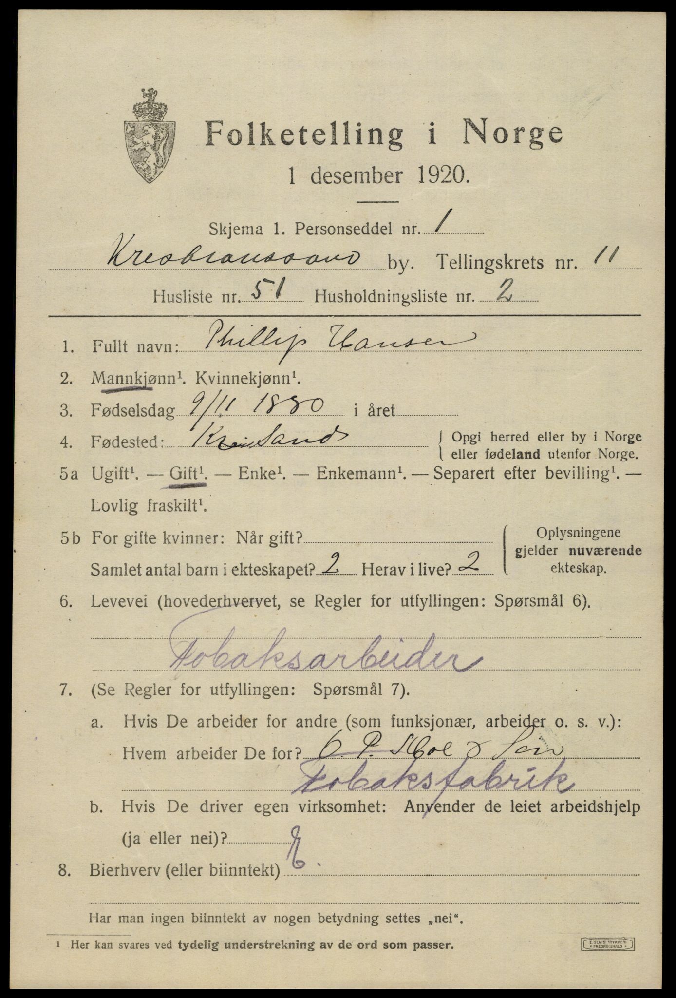 SAK, 1920 census for Kristiansand, 1920, p. 25685