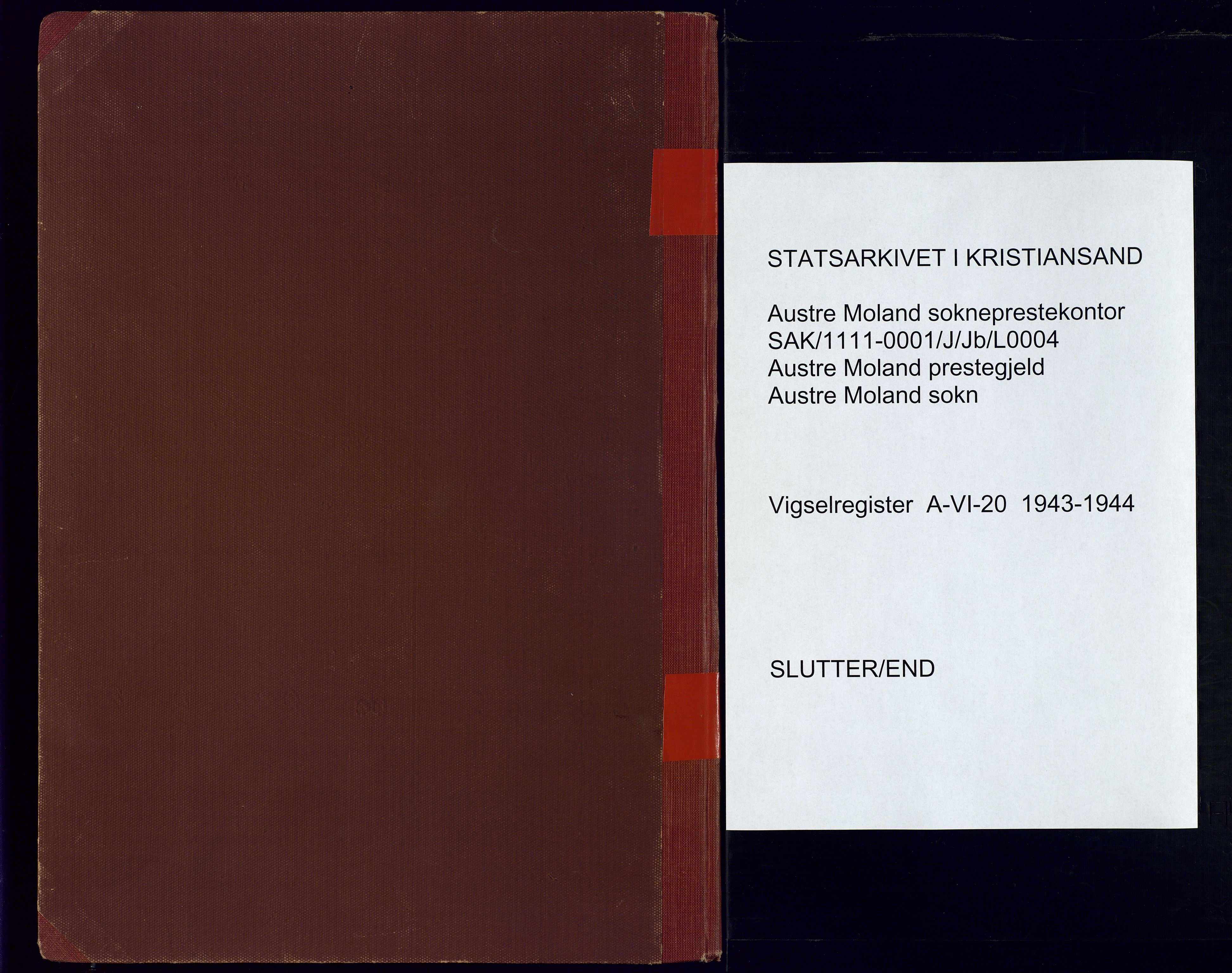 Austre Moland sokneprestkontor, SAK/1111-0001/J/Jb/L0004: Marriage register no. A-VI-20, 1943-1944