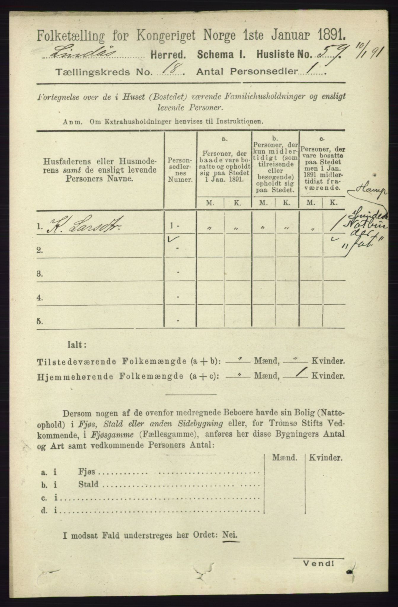 RA, 1891 census for 1263 Lindås, 1891, p. 6522