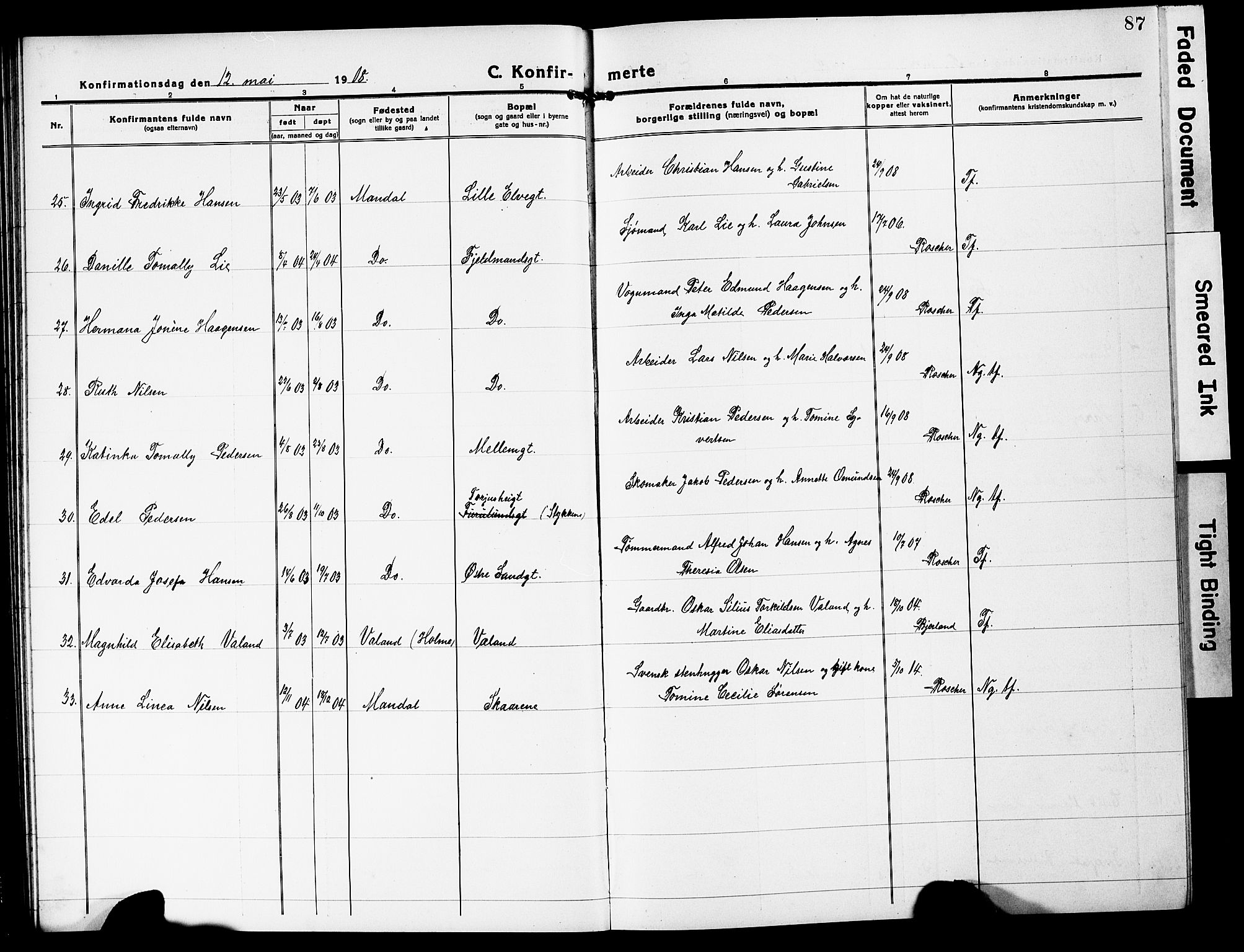 Mandal sokneprestkontor, SAK/1111-0030/F/Fb/Fbc/L0001: Parish register (copy) no. B 1, 1918-1931, p. 87