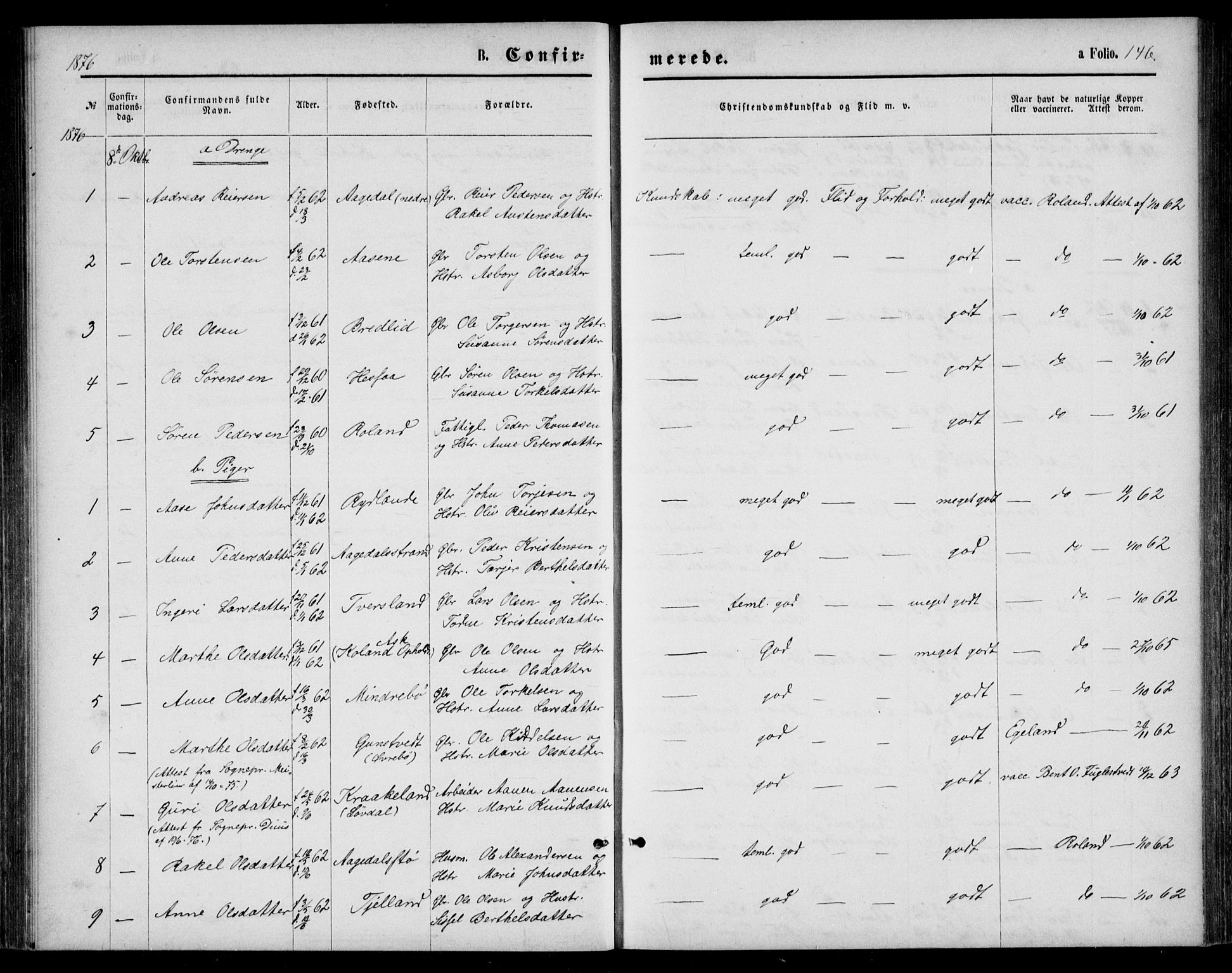 Bjelland sokneprestkontor, AV/SAK-1111-0005/F/Fb/Fba/L0004: Parish register (copy) no. B 4, 1869-1886, p. 146