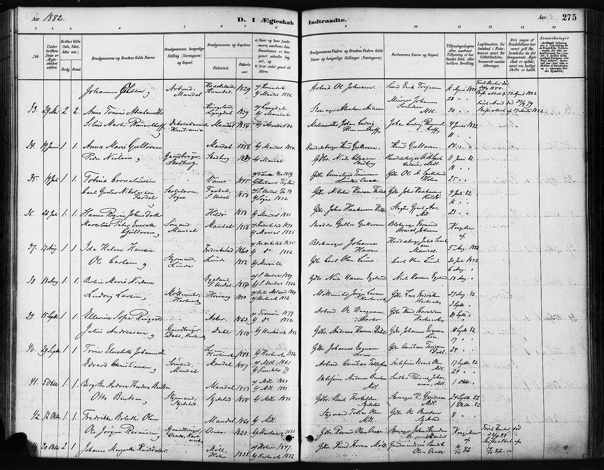 Mandal sokneprestkontor, AV/SAK-1111-0030/F/Fa/Faa/L0016: Parish register (official) no. A 16, 1880-1890, p. 275