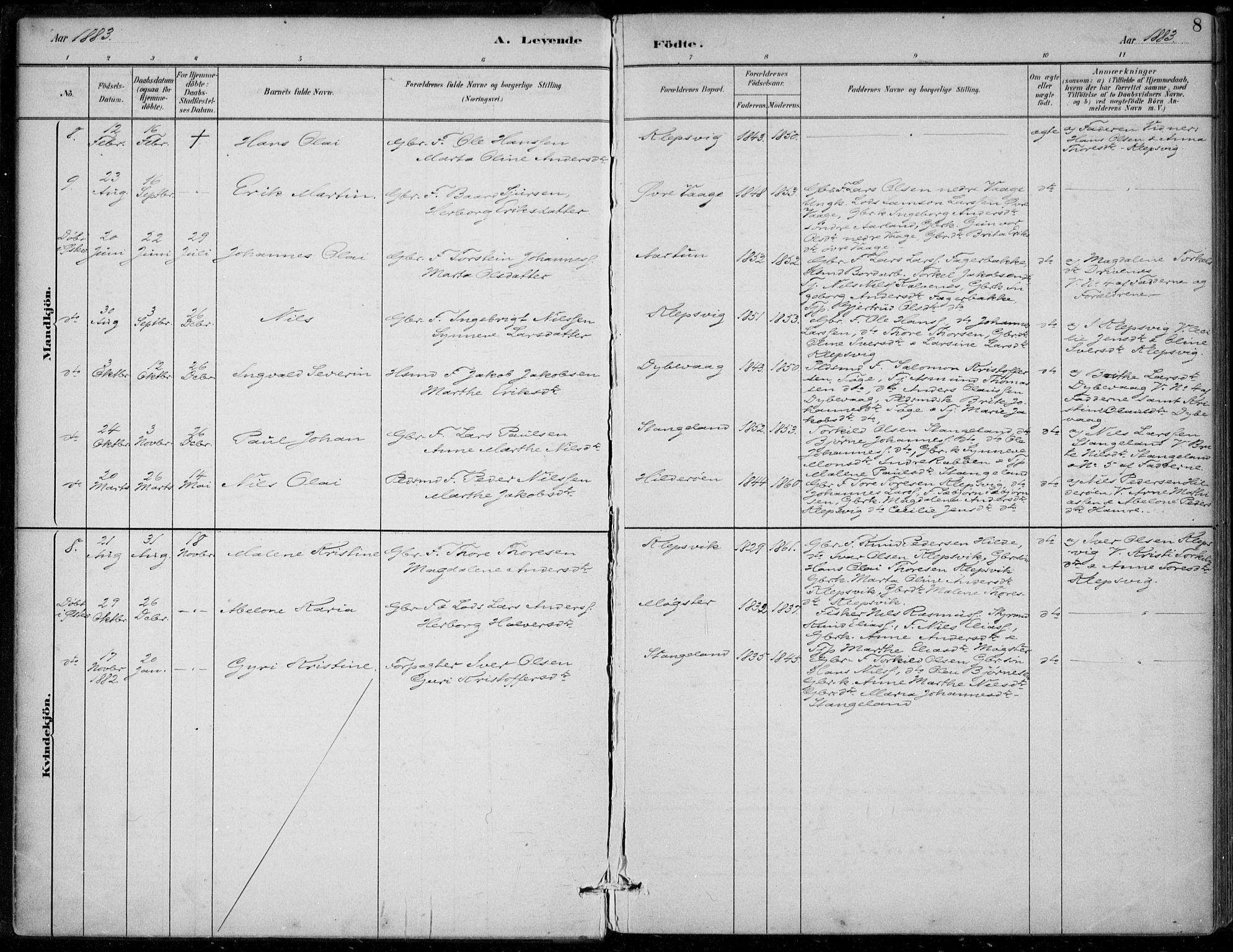 Sund sokneprestembete, AV/SAB-A-99930: Parish register (official) no. D 1, 1882-1899, p. 8