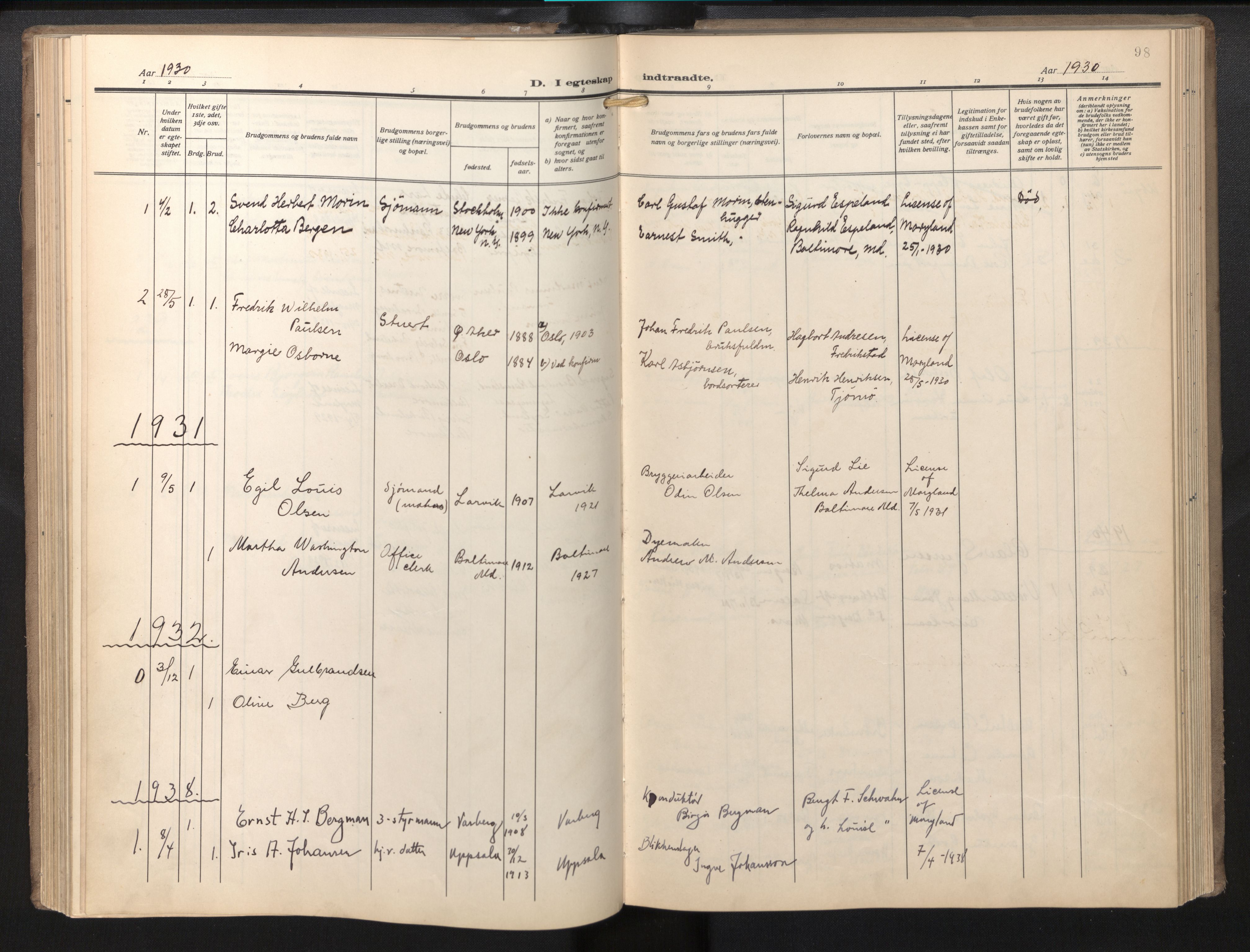 Den norske sjømannsmisjon i utlandet / Baltimore, AV/SAB-SAB/PA-0169/H/Ha/L0001: Parish register (official) no. A 1, 1927-1975, p. 97b-98a