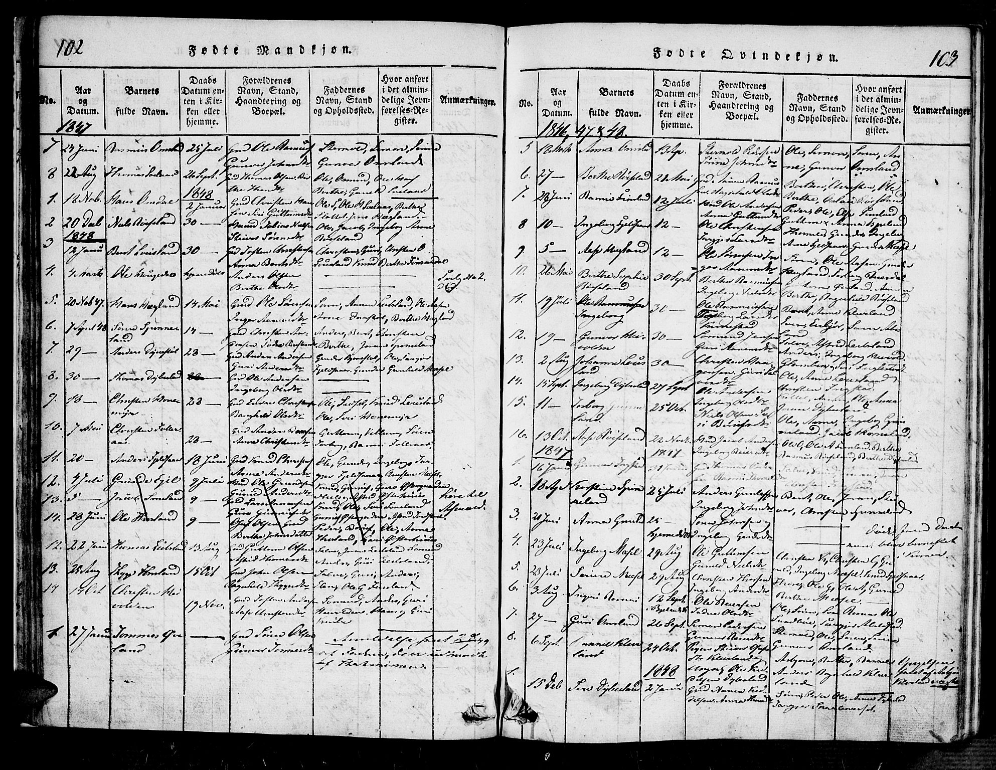 Bjelland sokneprestkontor, SAK/1111-0005/F/Fa/Fab/L0002: Parish register (official) no. A 2, 1816-1869, p. 102-103