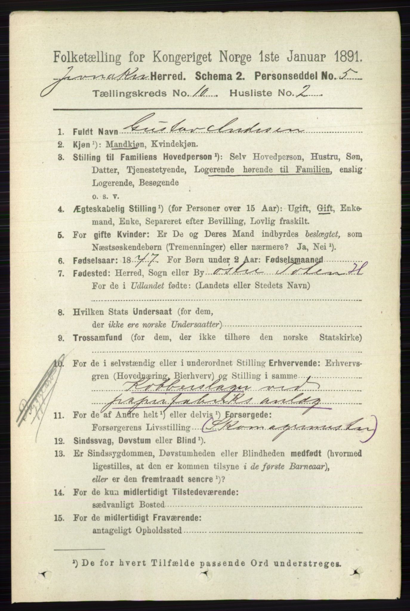 RA, 1891 census for 0532 Jevnaker, 1891, p. 5527