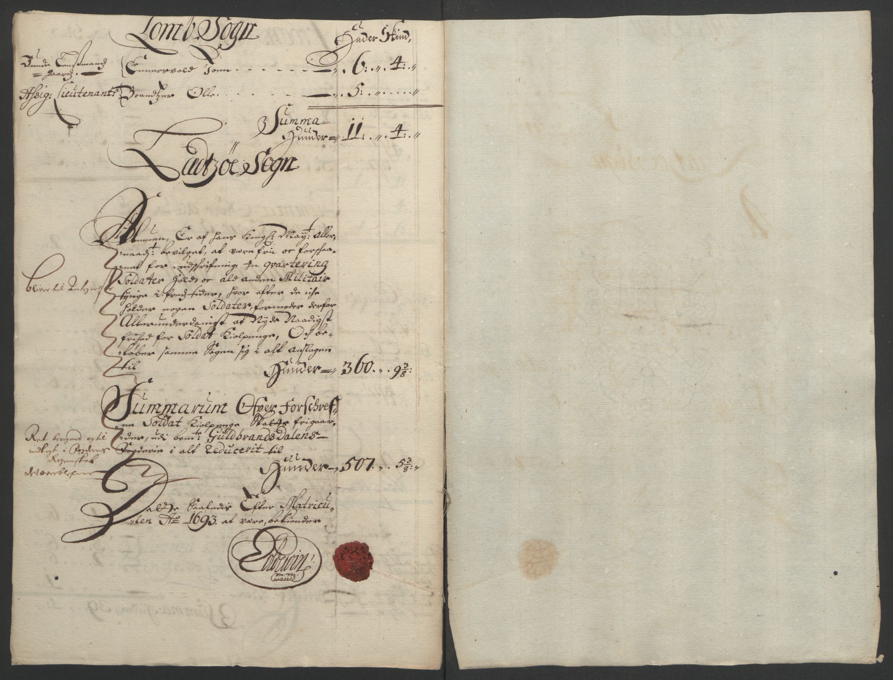 Rentekammeret inntil 1814, Reviderte regnskaper, Fogderegnskap, RA/EA-4092/R17/L1167: Fogderegnskap Gudbrandsdal, 1693, p. 317