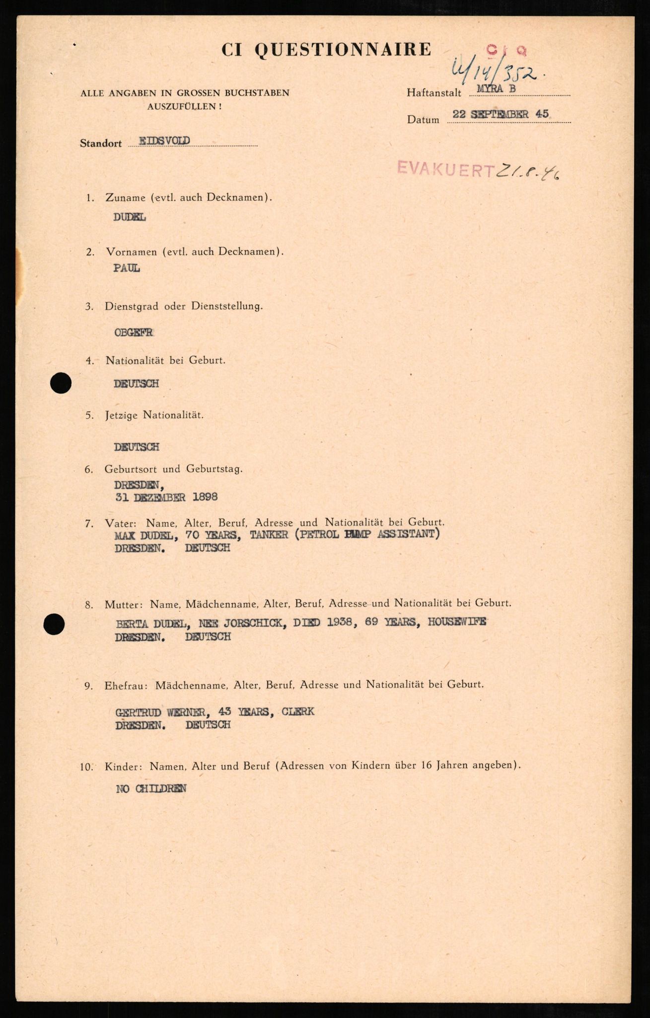 Forsvaret, Forsvarets overkommando II, AV/RA-RAFA-3915/D/Db/L0006: CI Questionaires. Tyske okkupasjonsstyrker i Norge. Tyskere., 1945-1946, p. 281