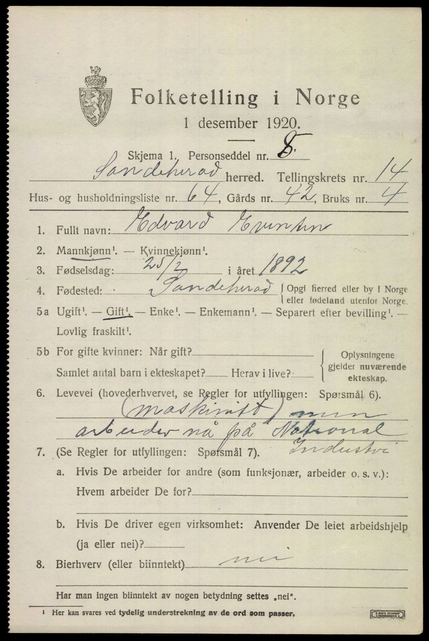 SAKO, 1920 census for Sandeherred, 1920, p. 21150