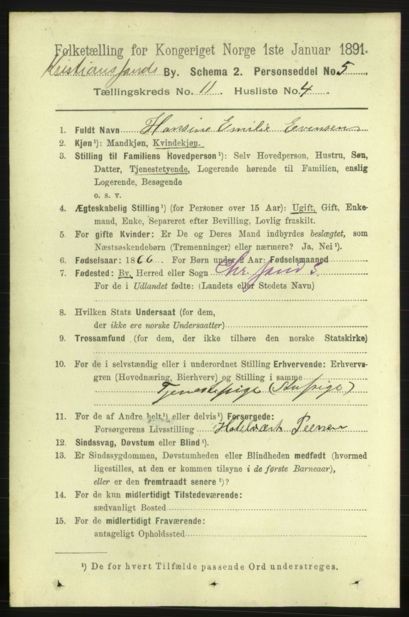 RA, 1891 census for 1001 Kristiansand, 1891, p. 5605