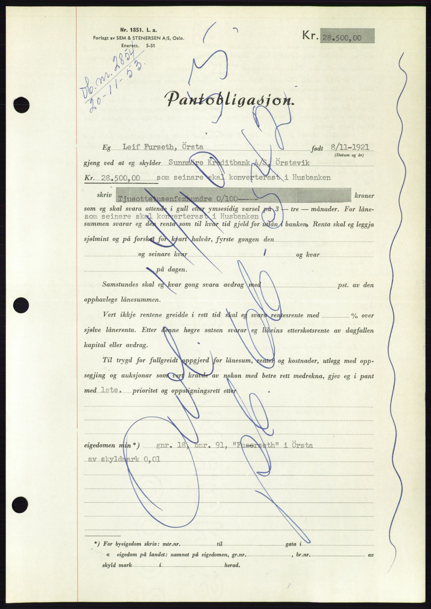 Søre Sunnmøre sorenskriveri, AV/SAT-A-4122/1/2/2C/L0124: Mortgage book no. 12B, 1953-1954, Diary no: : 2854/1953