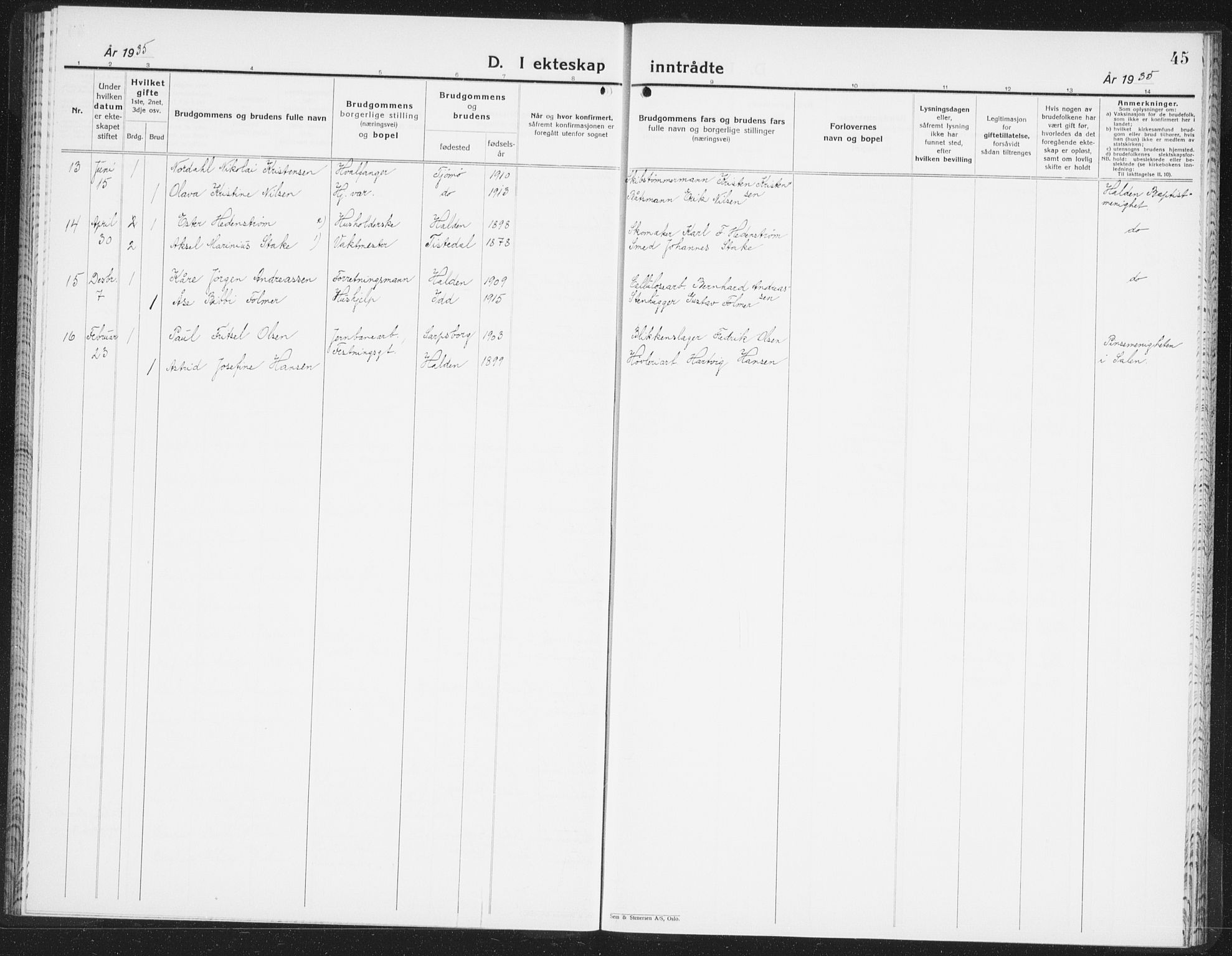 Halden prestekontor Kirkebøker, SAO/A-10909/F/Fb/L0002: Parish register (official) no. II 2, 1933-1942, p. 45