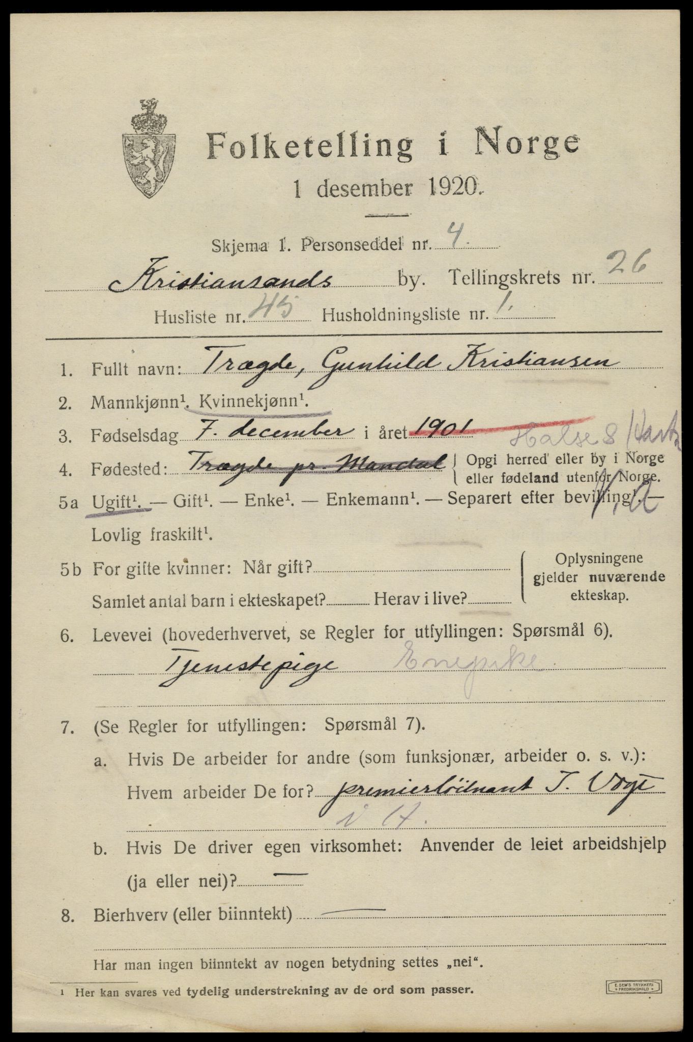 SAK, 1920 census for Kristiansand, 1920, p. 45571