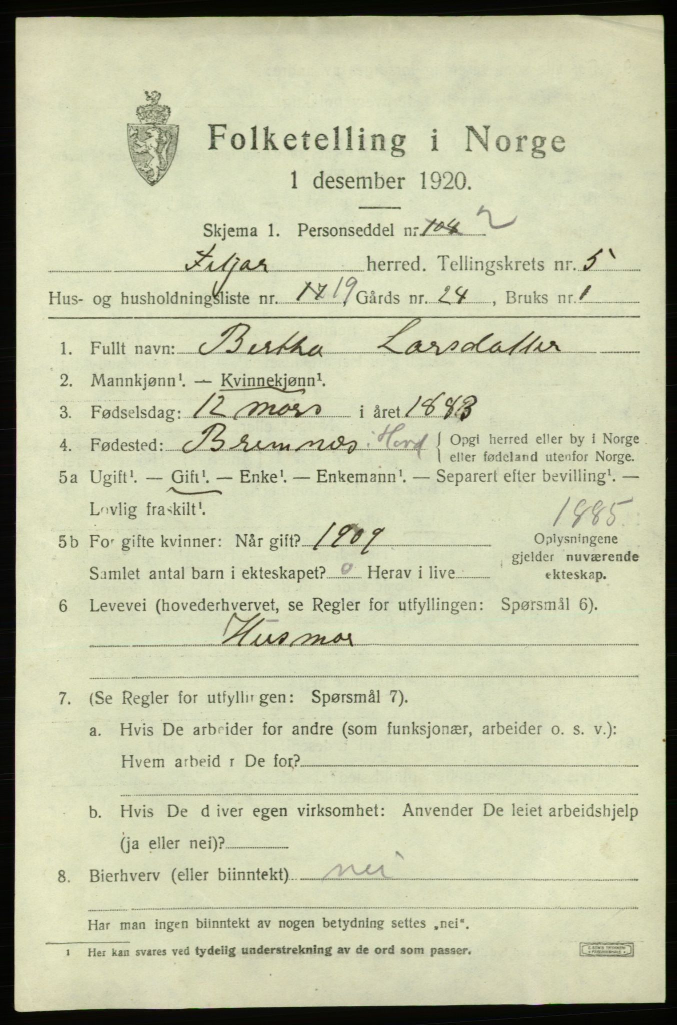 SAB, 1920 census for Fitjar, 1920, p. 2742