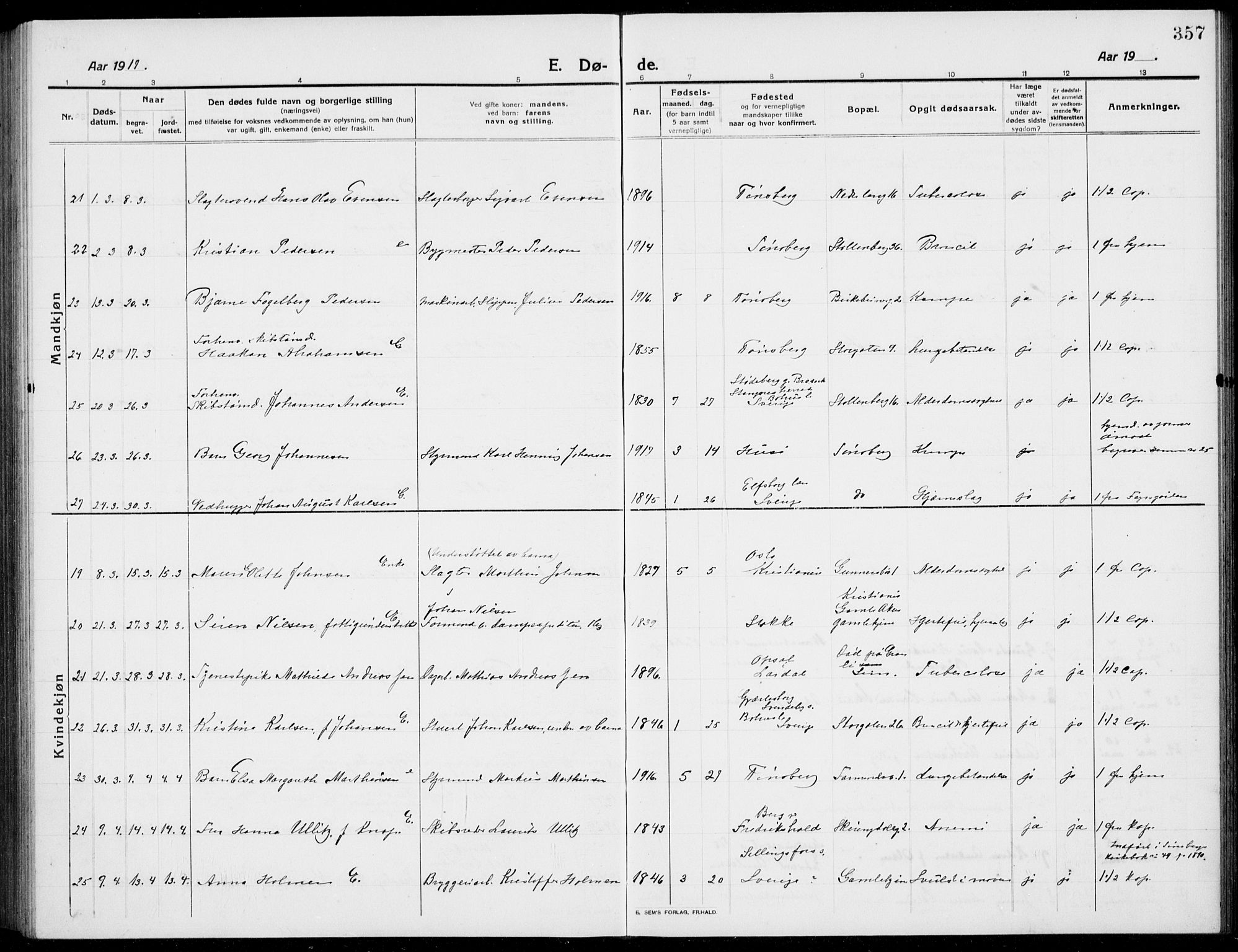 Tønsberg kirkebøker, AV/SAKO-A-330/G/Ga/L0009: Parish register (copy) no. 9, 1913-1920, p. 357