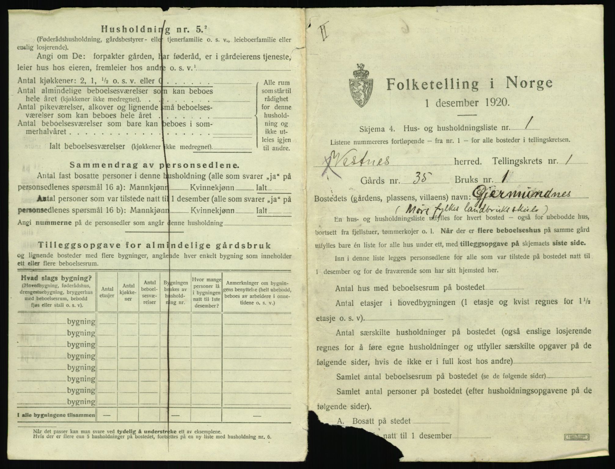 SAT, 1920 census for Vestnes, 1920, p. 43