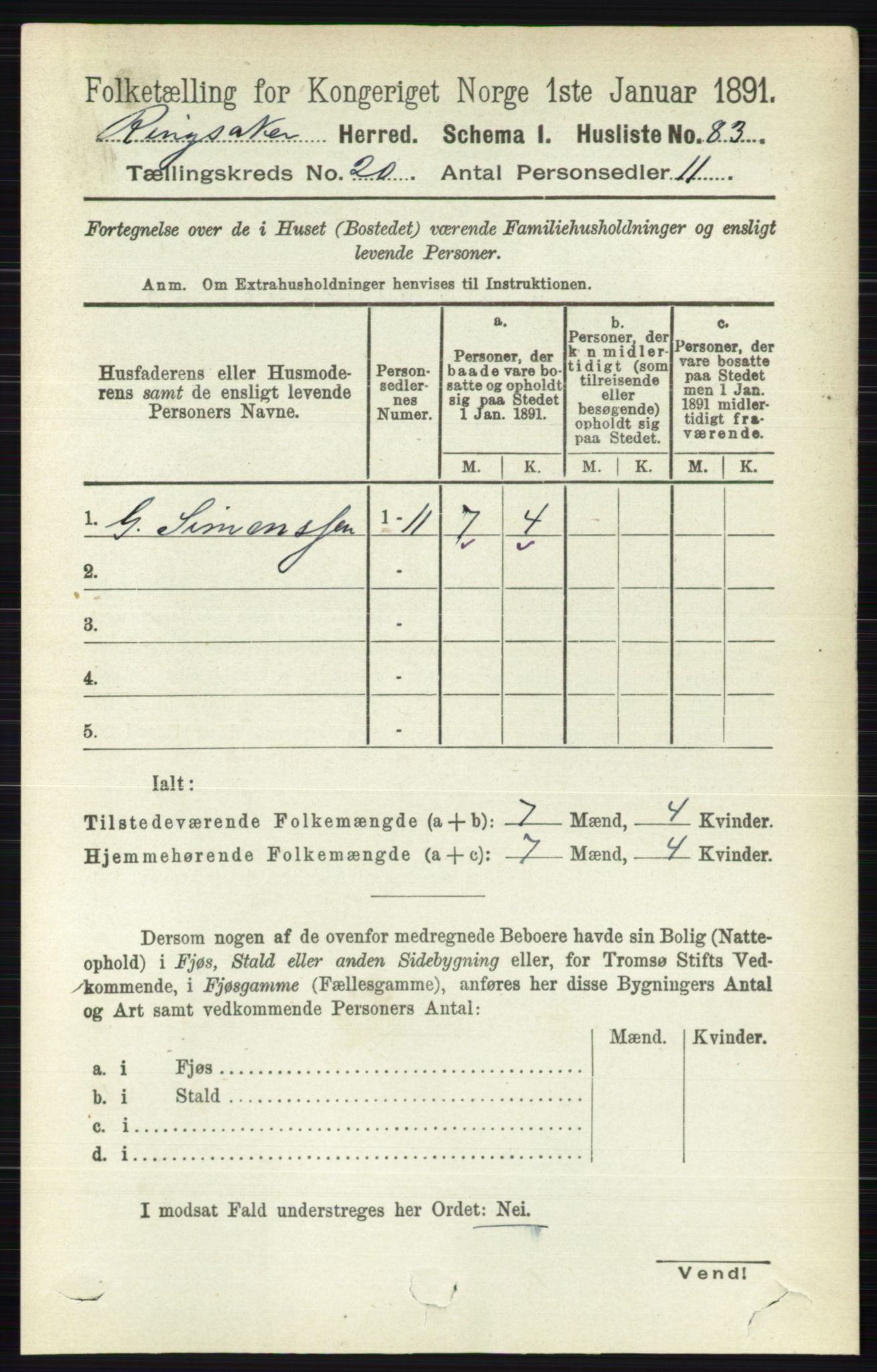 RA, 1891 census for 0412 Ringsaker, 1891, p. 11097