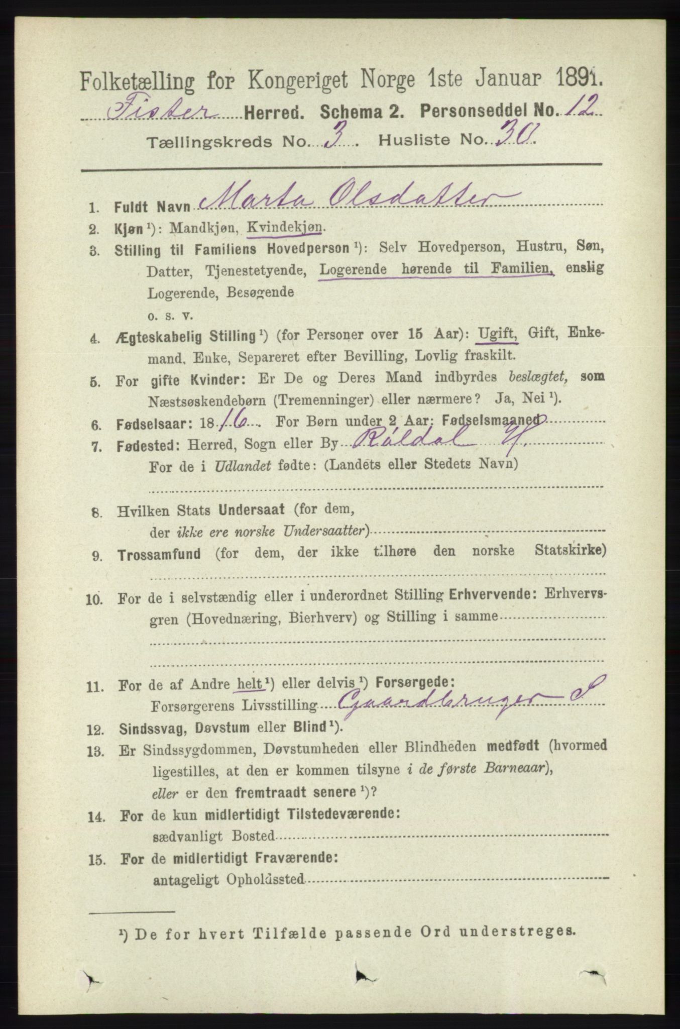 RA, 1891 census for 1132 Fister, 1891, p. 697