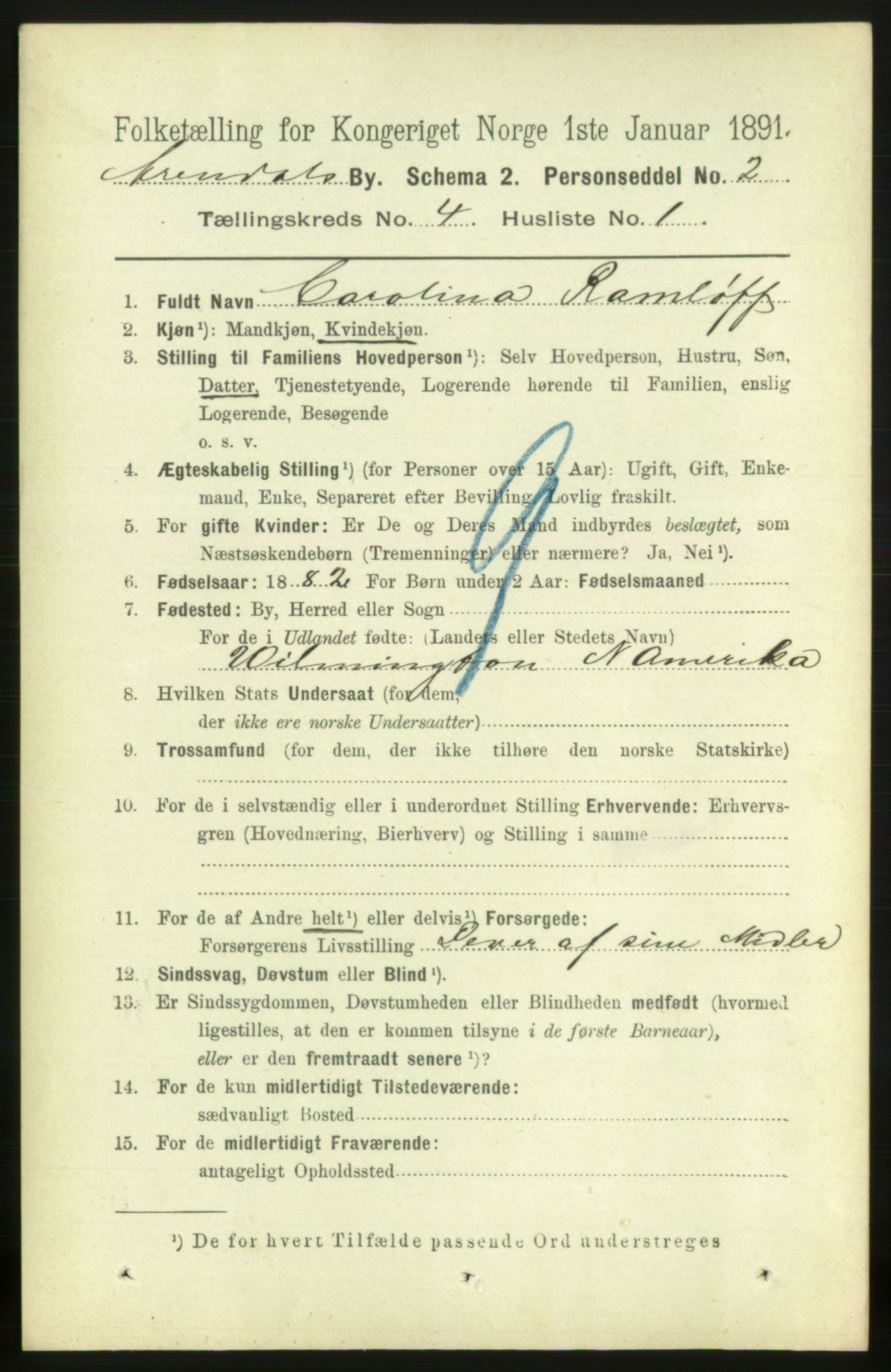 RA, 1891 census for 0903 Arendal, 1891, p. 1654