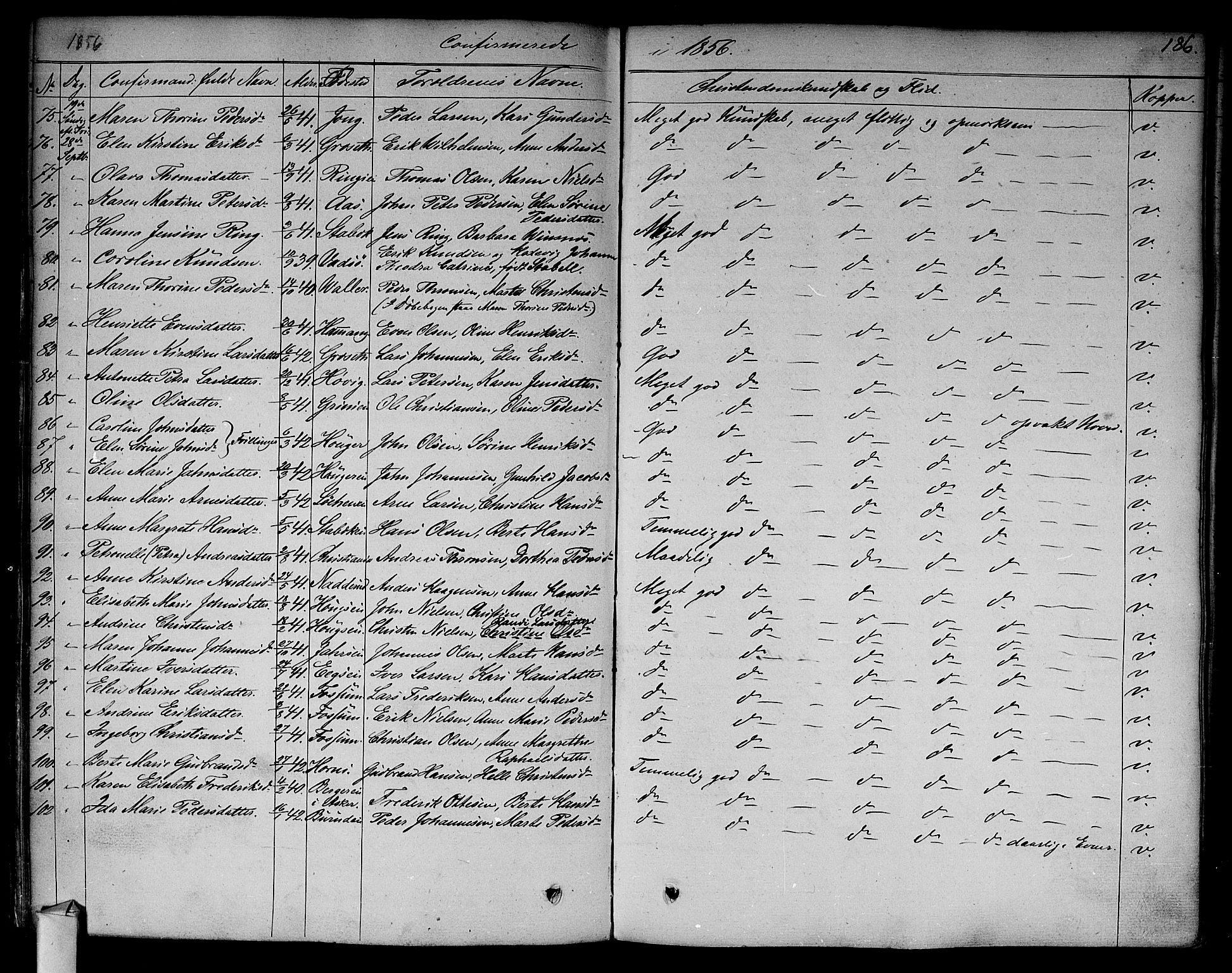 Asker prestekontor Kirkebøker, SAO/A-10256a/F/Fa/L0009: Parish register (official) no. I 9, 1825-1878, p. 186