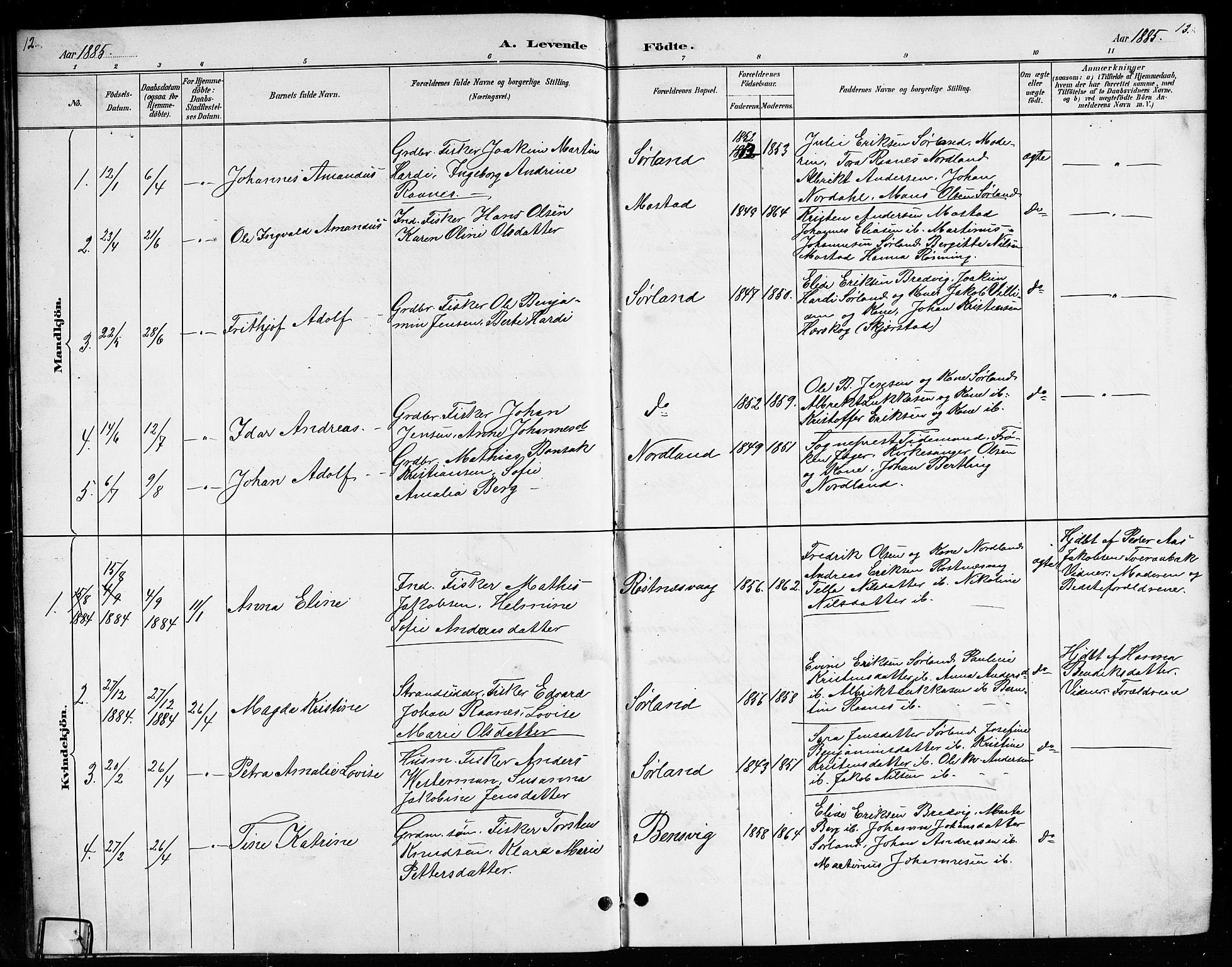 Ministerialprotokoller, klokkerbøker og fødselsregistre - Nordland, AV/SAT-A-1459/807/L0123: Parish register (copy) no. 807C01, 1884-1910, p. 12-13