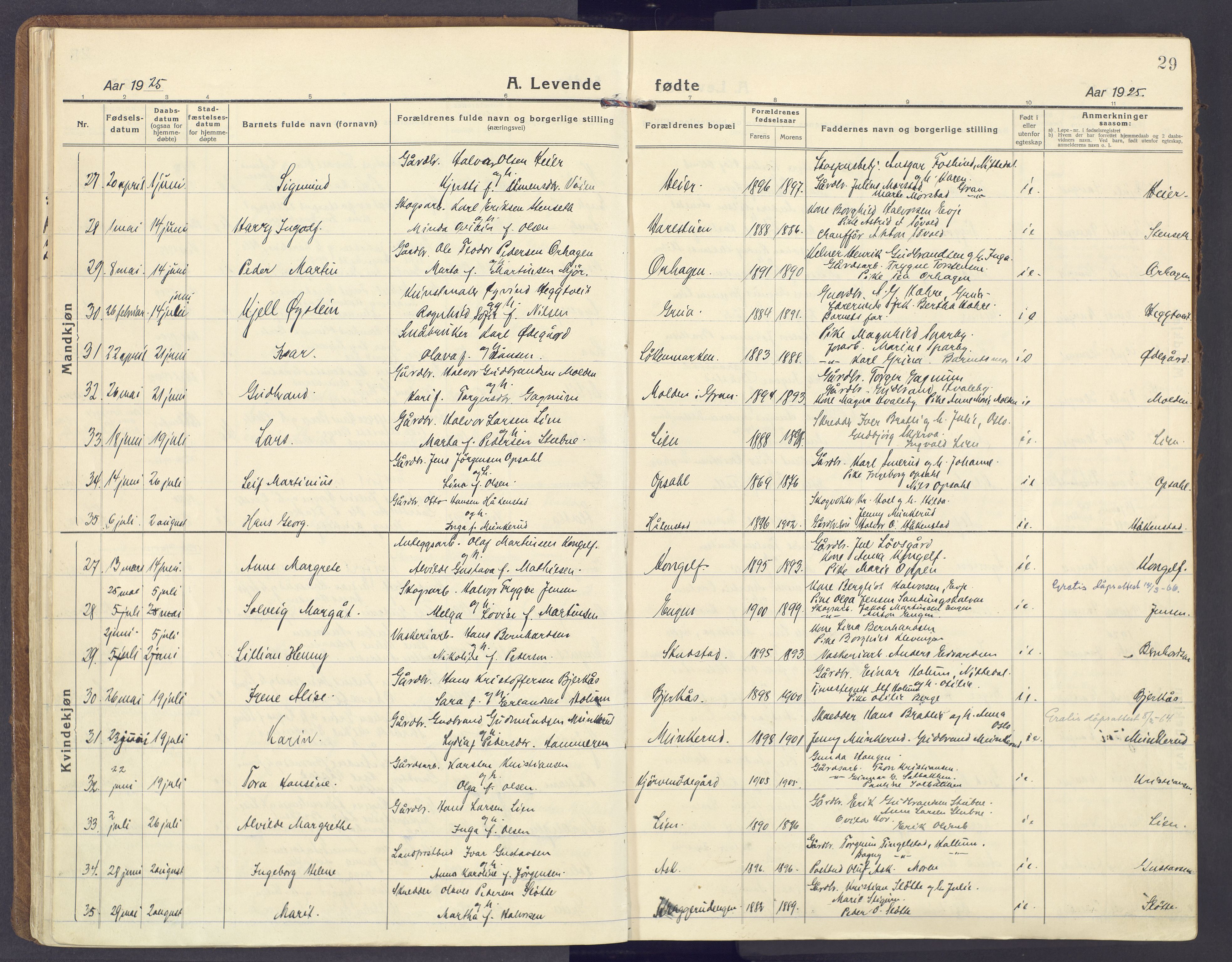 Lunner prestekontor, AV/SAH-PREST-118/H/Ha/Haa/L0002: Parish register (official) no. 2, 1922-1931, p. 29