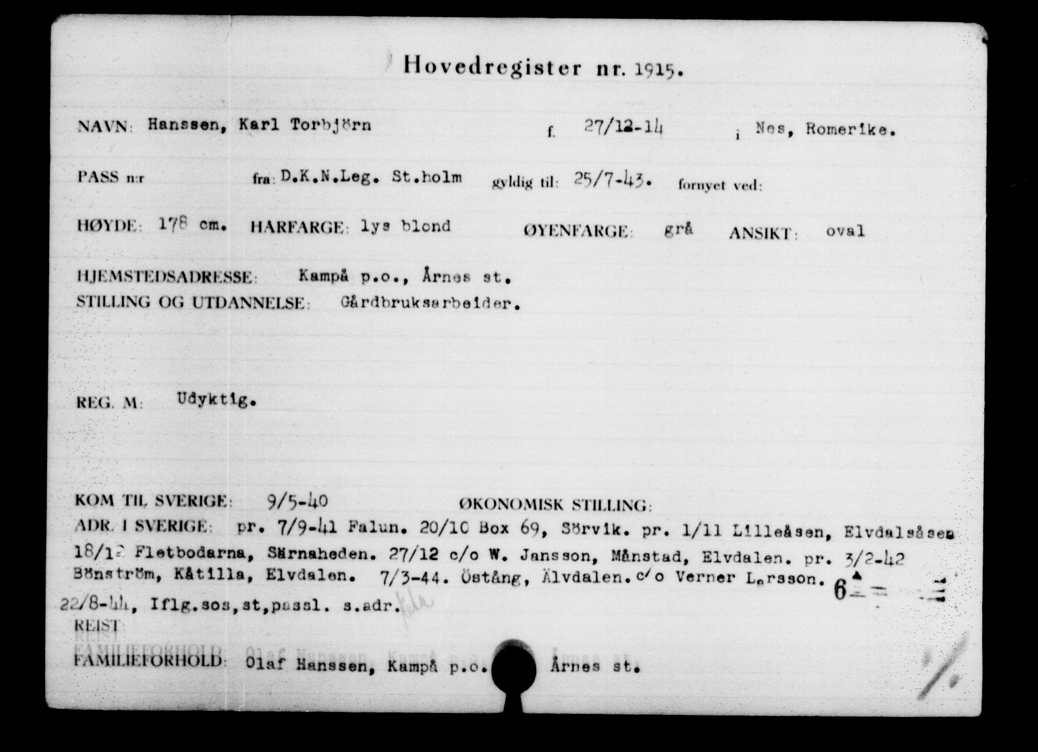 Den Kgl. Norske Legasjons Flyktningskontor, AV/RA-S-6753/V/Va/L0002: Kjesäterkartoteket.  Flyktningenr. 1001-2000, 1940-1945, p. 1304