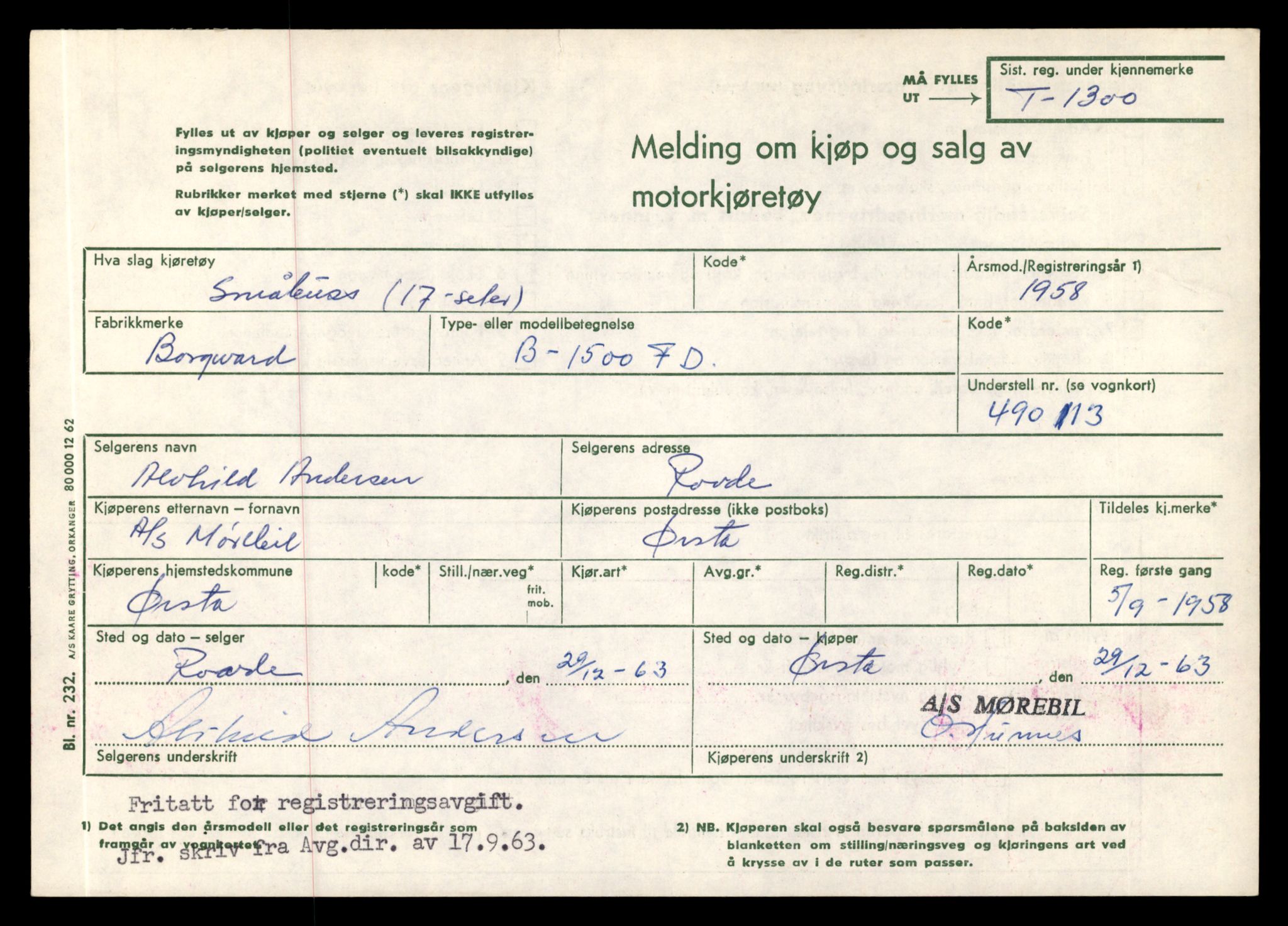 Møre og Romsdal vegkontor - Ålesund trafikkstasjon, SAT/A-4099/F/Fe/L0012: Registreringskort for kjøretøy T 1290 - T 1450, 1927-1998, p. 179