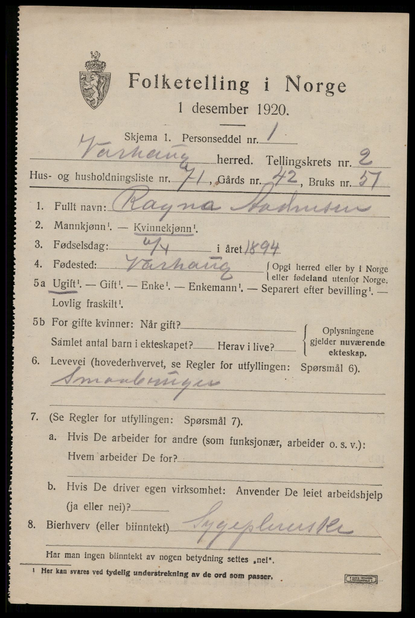 SAST, 1920 census for Varhaug, 1920, p. 2939