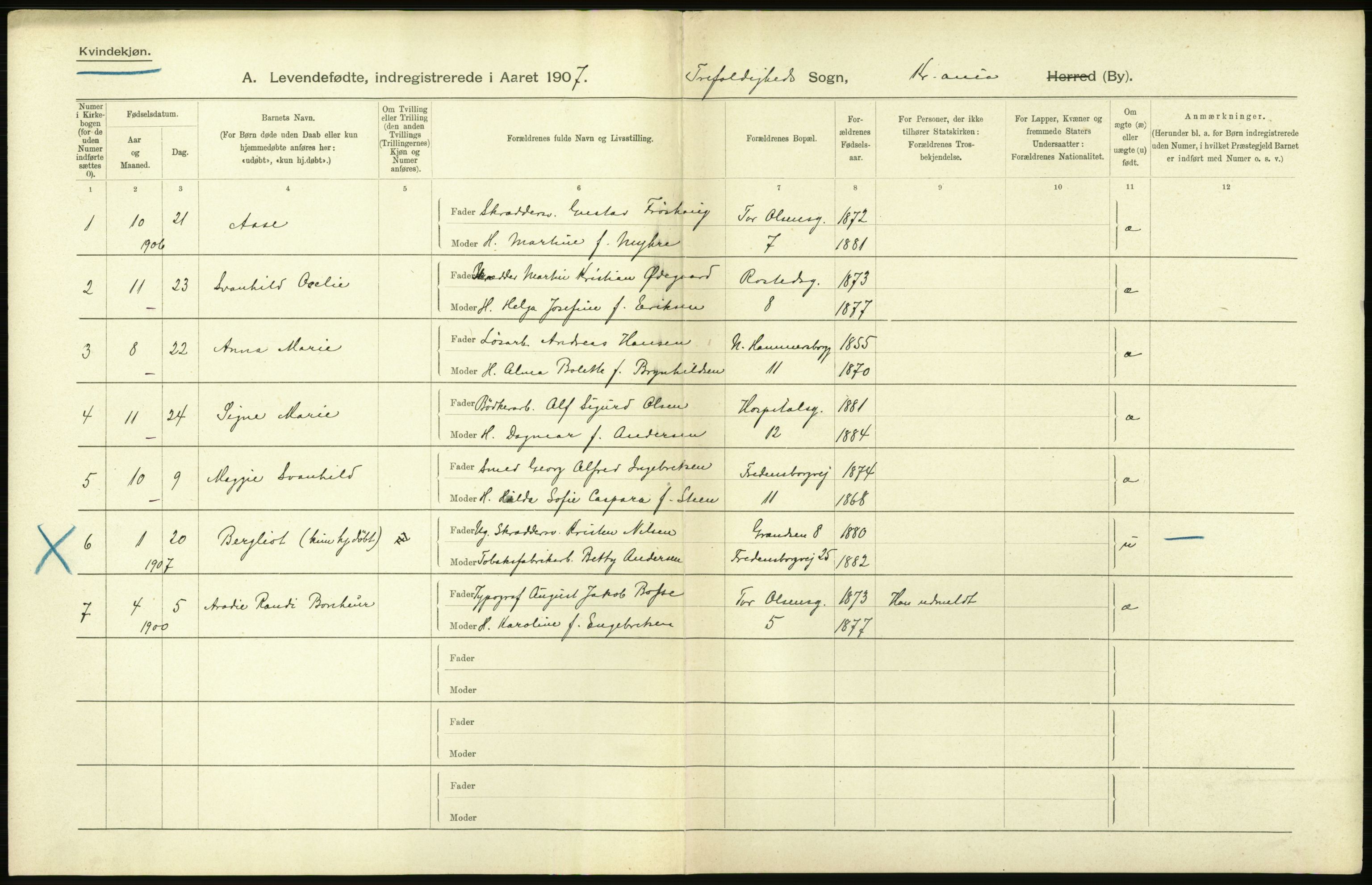 Statistisk sentralbyrå, Sosiodemografiske emner, Befolkning, AV/RA-S-2228/D/Df/Dfa/Dfae/L0006: Kristiania: Levendefødte menn og kvinner., 1907, p. 372