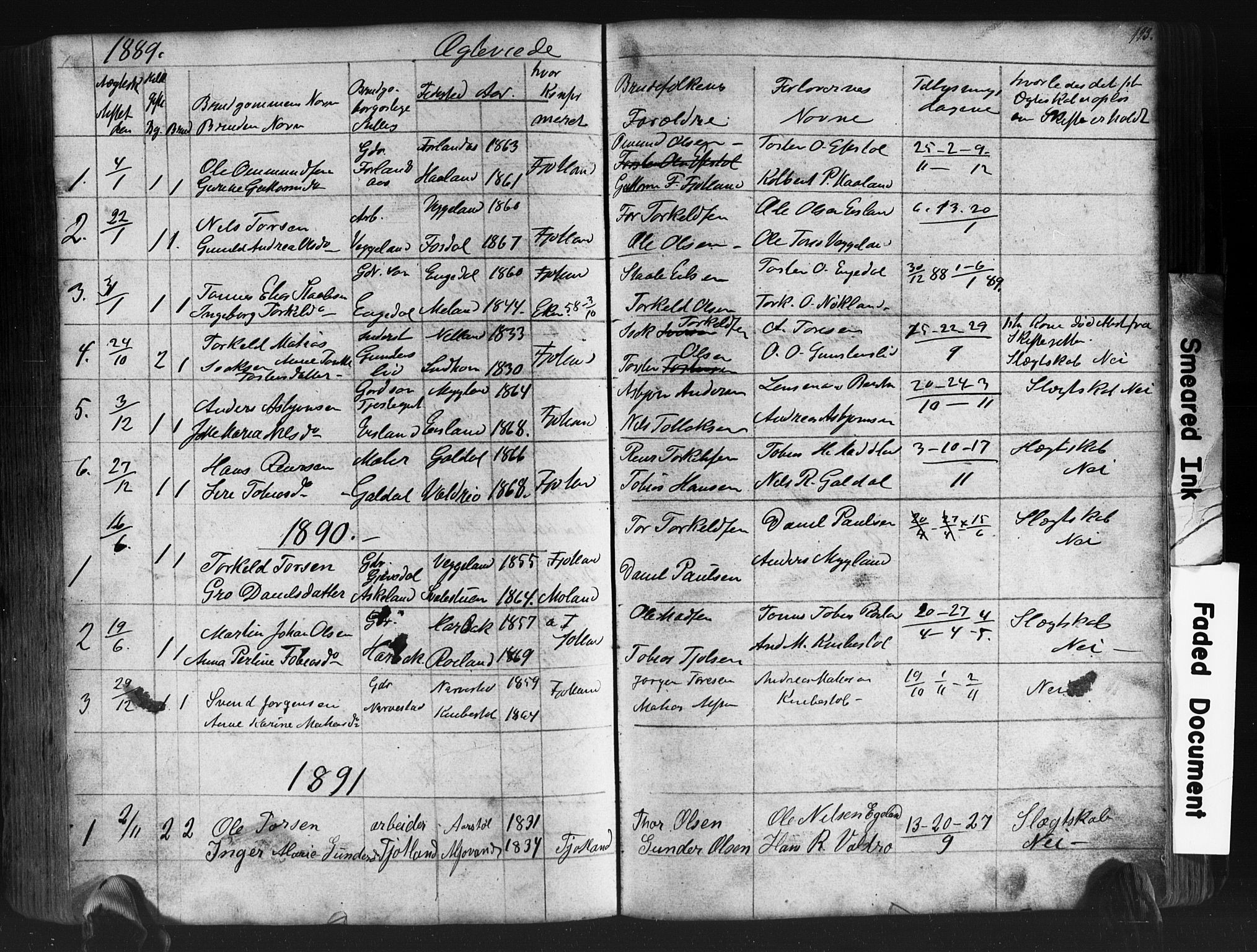 Fjotland sokneprestkontor, SAK/1111-0010/F/Fb/L0003: Parish register (copy) no. B 3, 1872-1924, p. 193