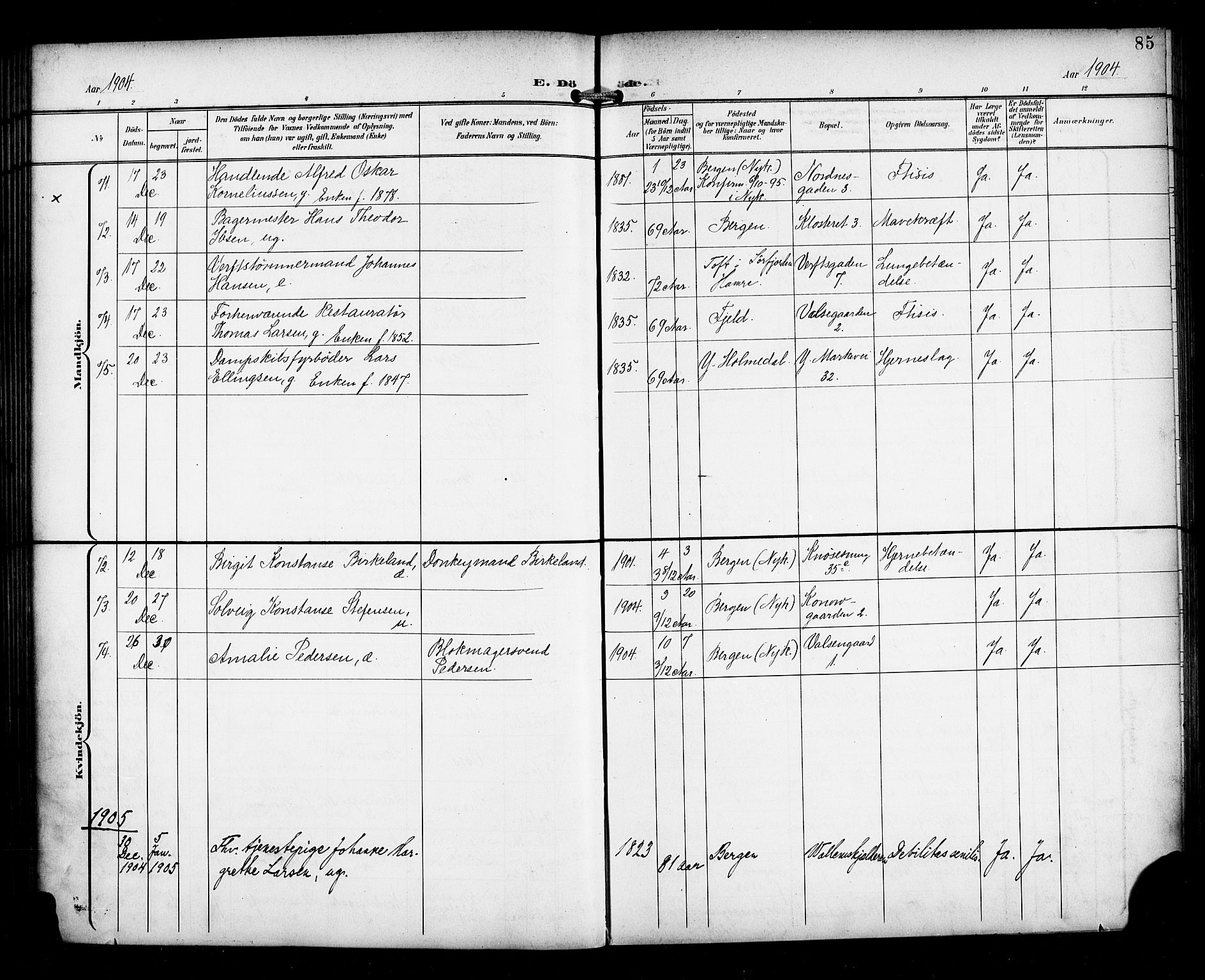 Nykirken Sokneprestembete, SAB/A-77101/H/Haa/L0045: Parish register (official) no. E 5, 1899-1917, p. 85