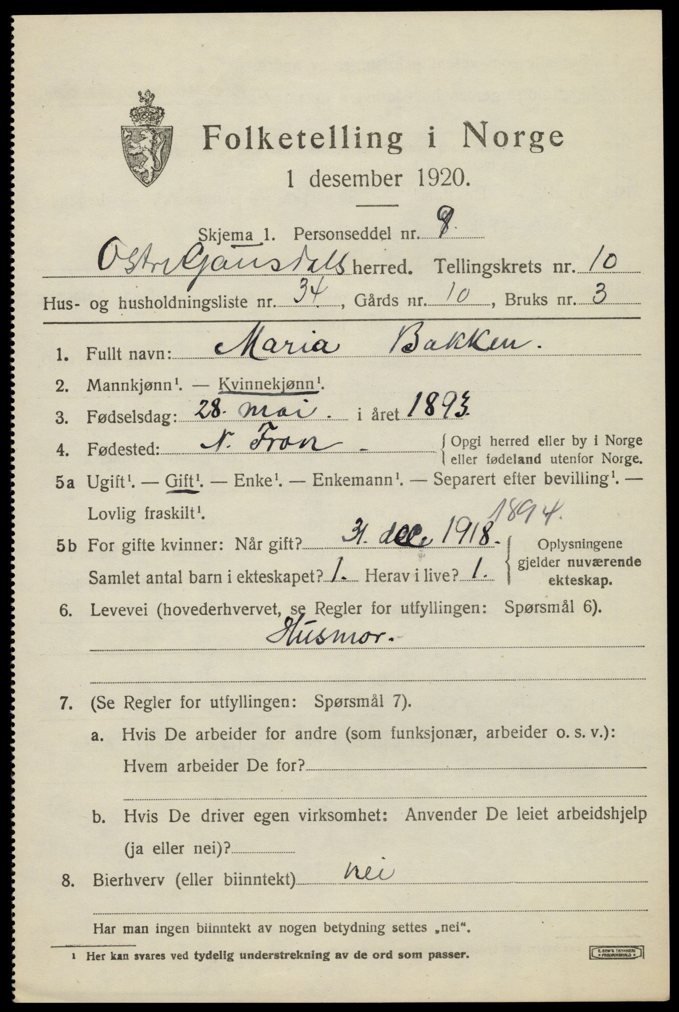 SAH, 1920 census for Østre Gausdal, 1920, p. 5820