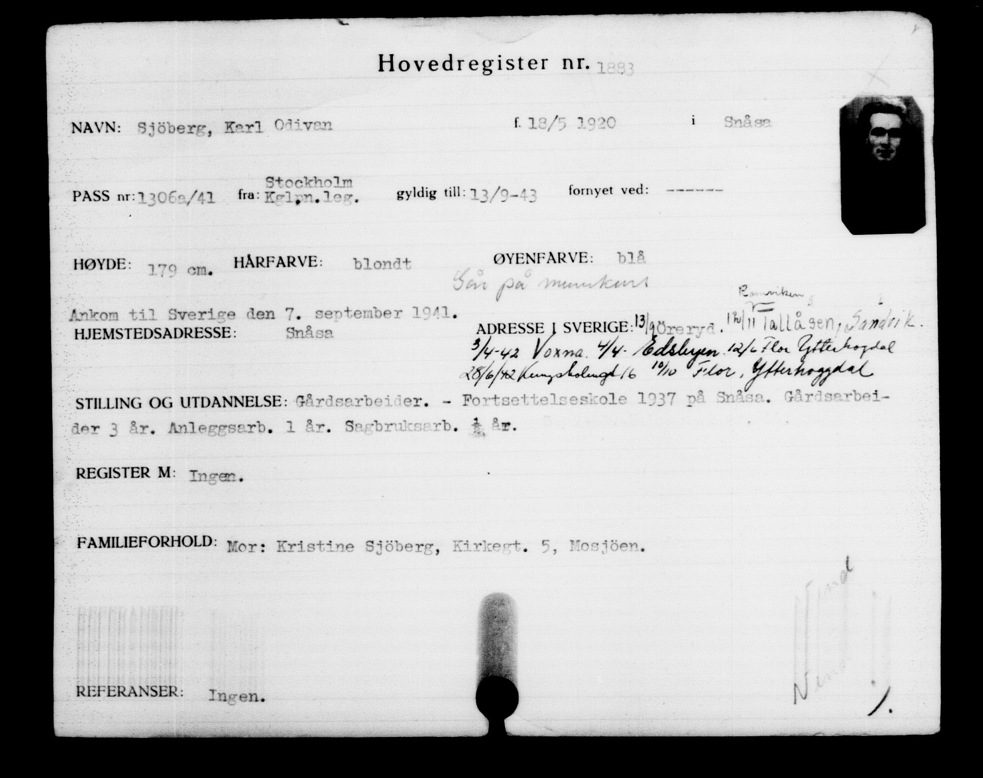 Den Kgl. Norske Legasjons Flyktningskontor, AV/RA-S-6753/V/Va/L0002: Kjesäterkartoteket.  Flyktningenr. 1001-2000, 1940-1945, p. 1259