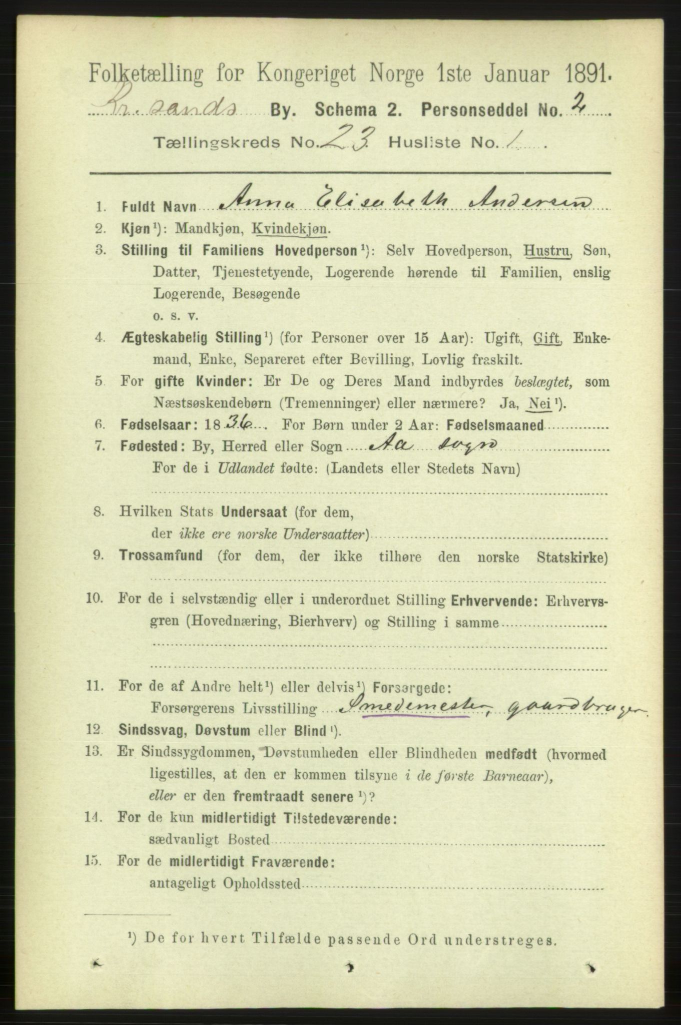 RA, 1891 census for 1001 Kristiansand, 1891, p. 8438