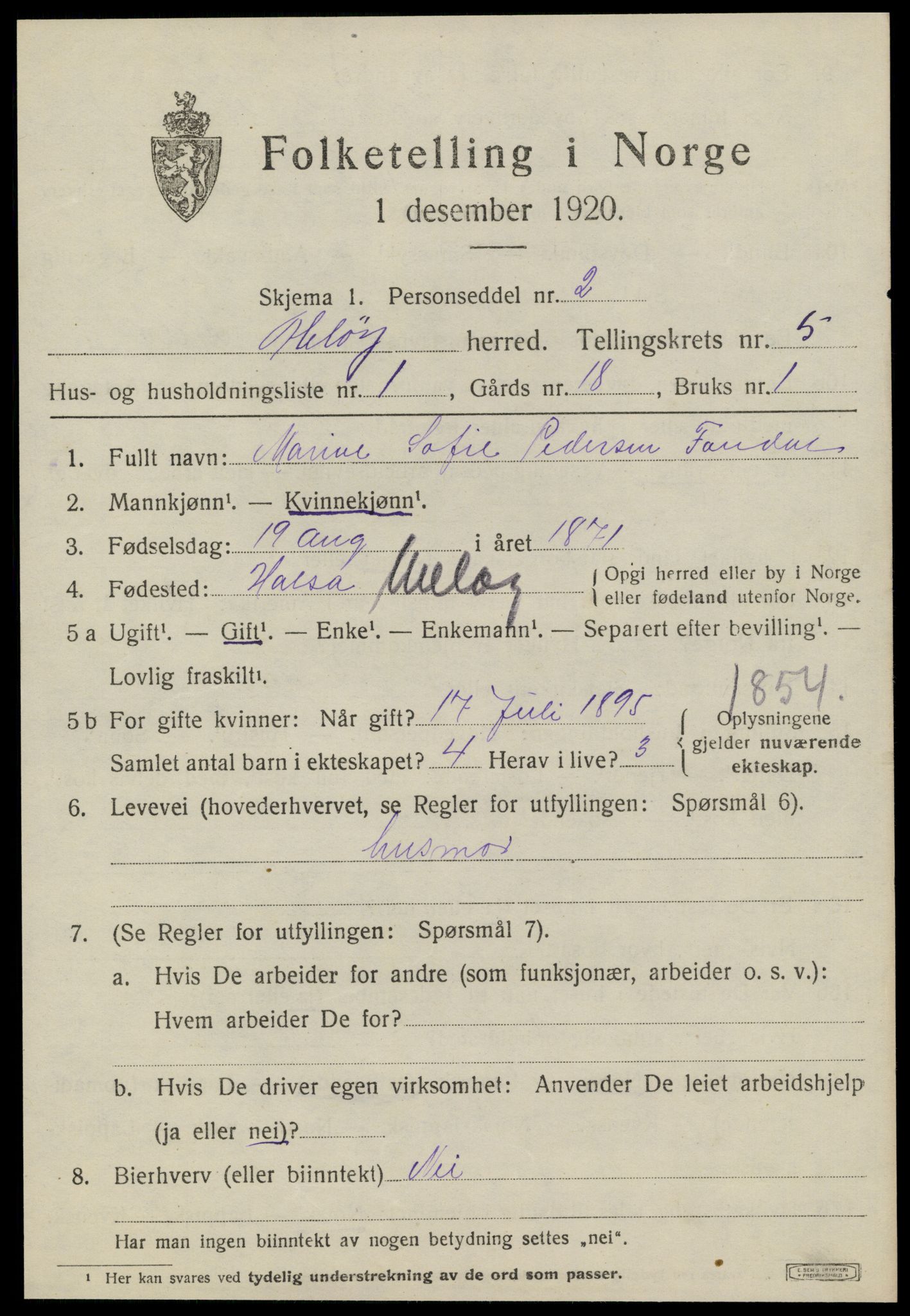 SAT, 1920 census for Meløy, 1920, p. 3147