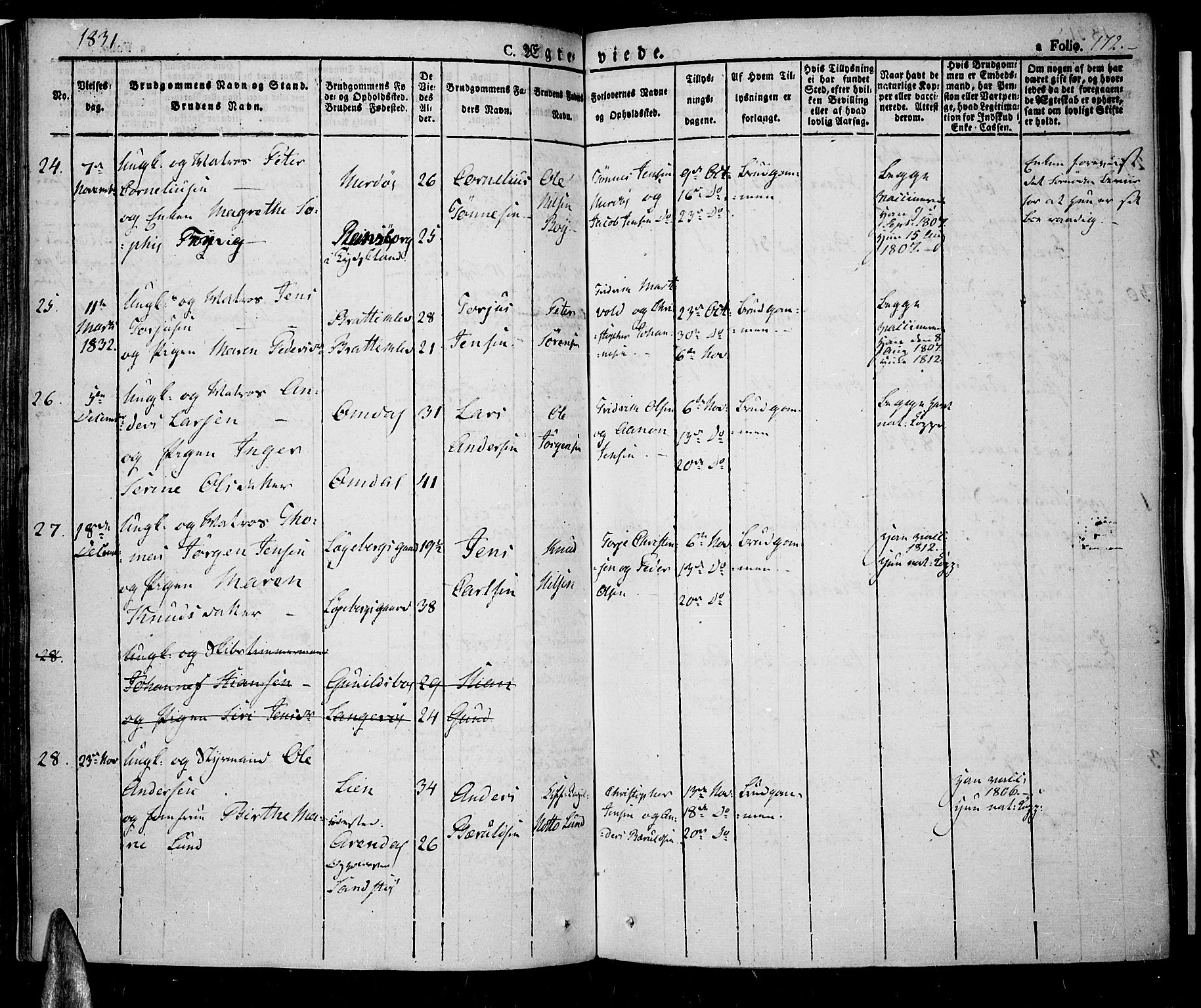 Tromøy sokneprestkontor, AV/SAK-1111-0041/F/Fa/L0003: Parish register (official) no. A 3, 1825-1837, p. 172