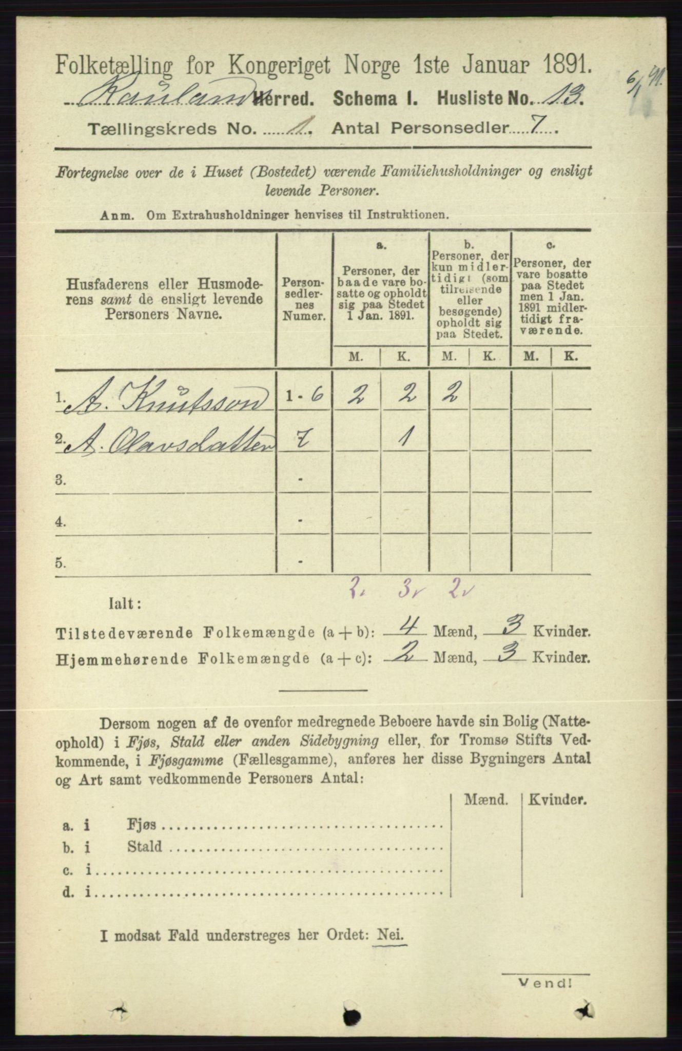 RA, 1891 census for 0835 Rauland, 1891, p. 27