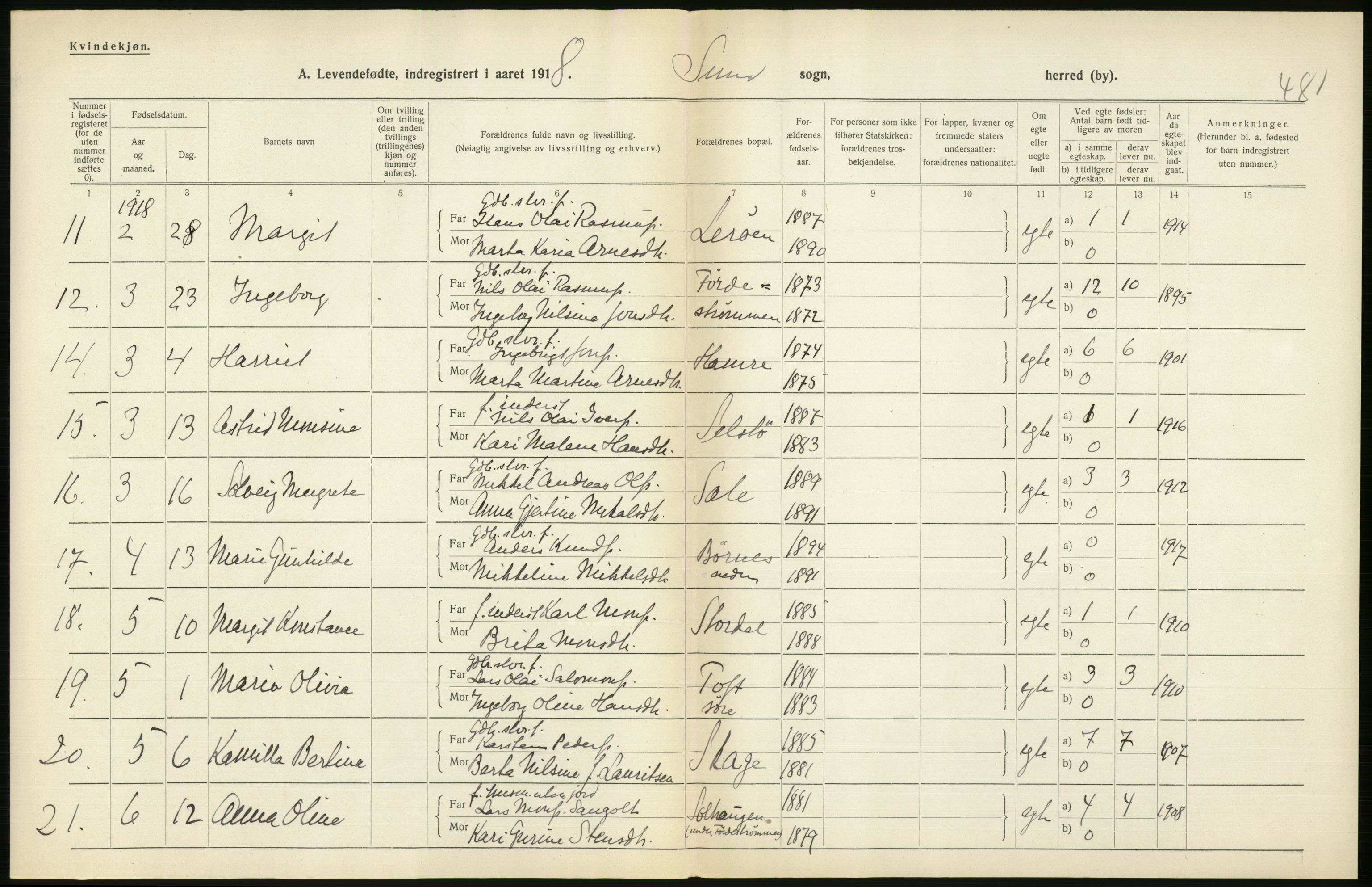 Statistisk sentralbyrå, Sosiodemografiske emner, Befolkning, RA/S-2228/D/Df/Dfb/Dfbh/L0034: Hordaland fylke: Levendefødte menn og kvinner. Bygder., 1918, p. 282