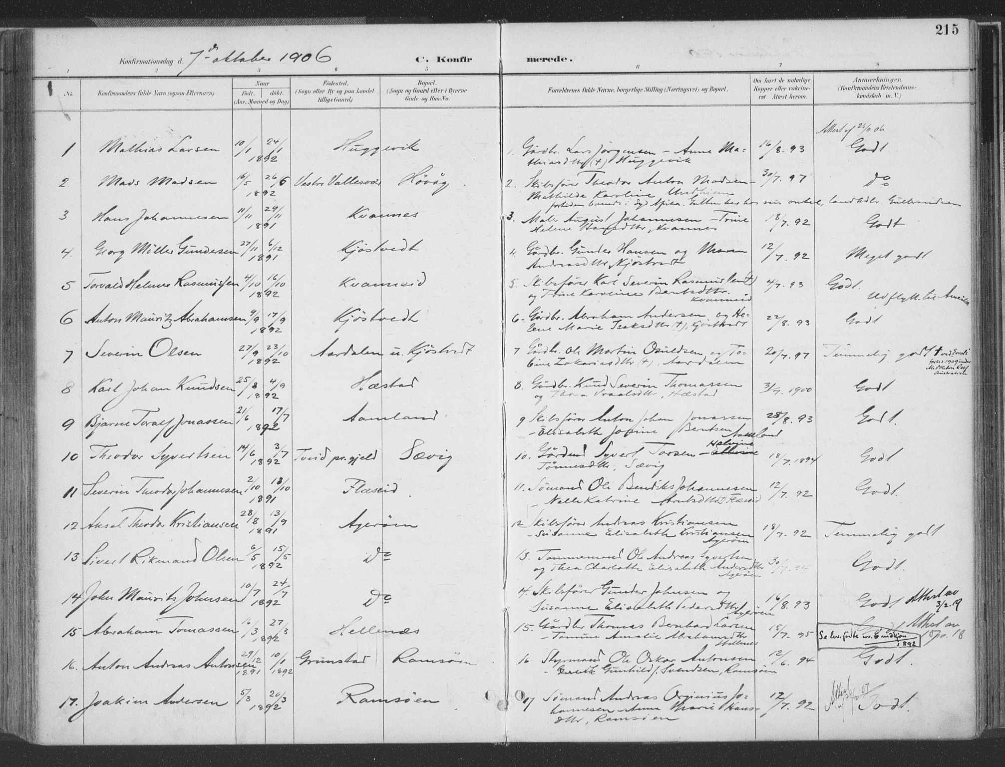 Høvåg sokneprestkontor, AV/SAK-1111-0025/F/Fa/L0006: Parish register (official) no. A 6, 1894-1923, p. 215