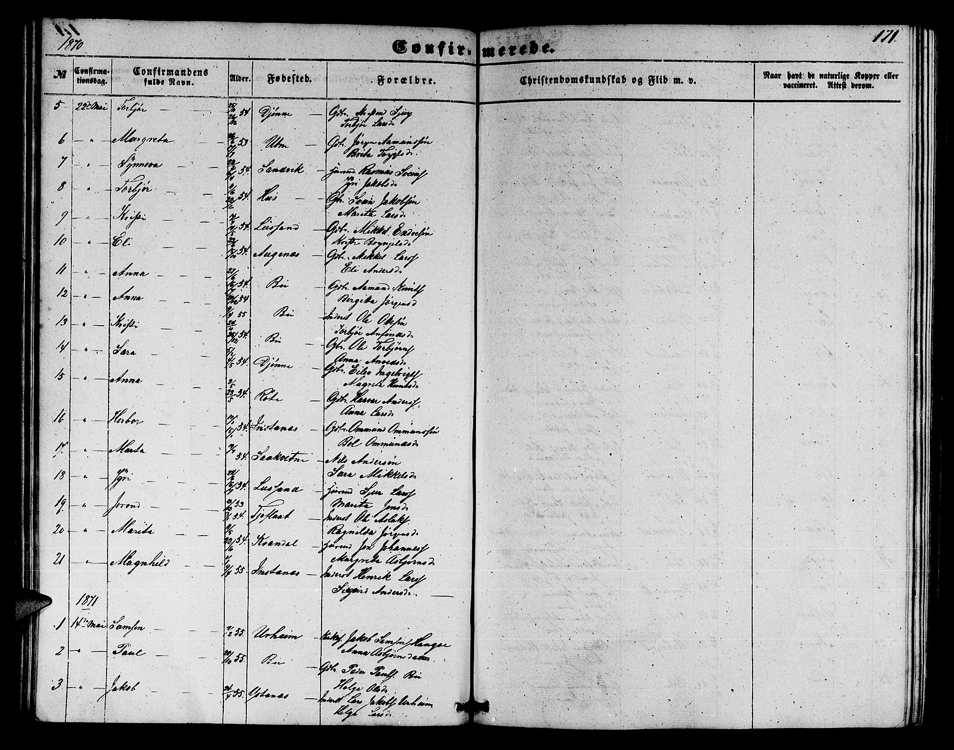 Ullensvang sokneprestembete, SAB/A-78701/H/Hab: Parish register (copy) no. E 6, 1857-1886, p. 171