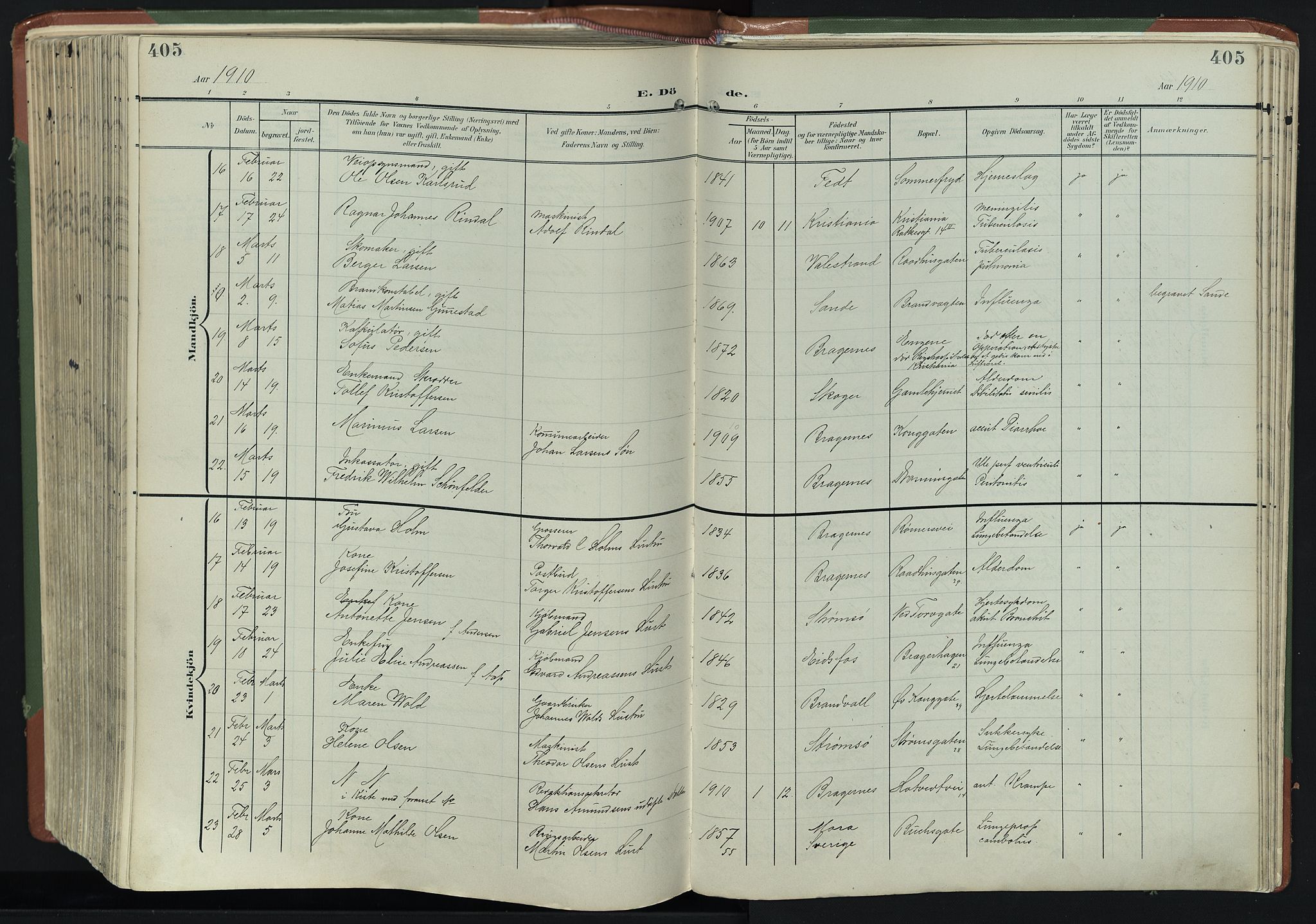 Bragernes kirkebøker, SAKO/A-6/F/Fb/L0009: Parish register (official) no. II 9, 1902-1911, p. 405