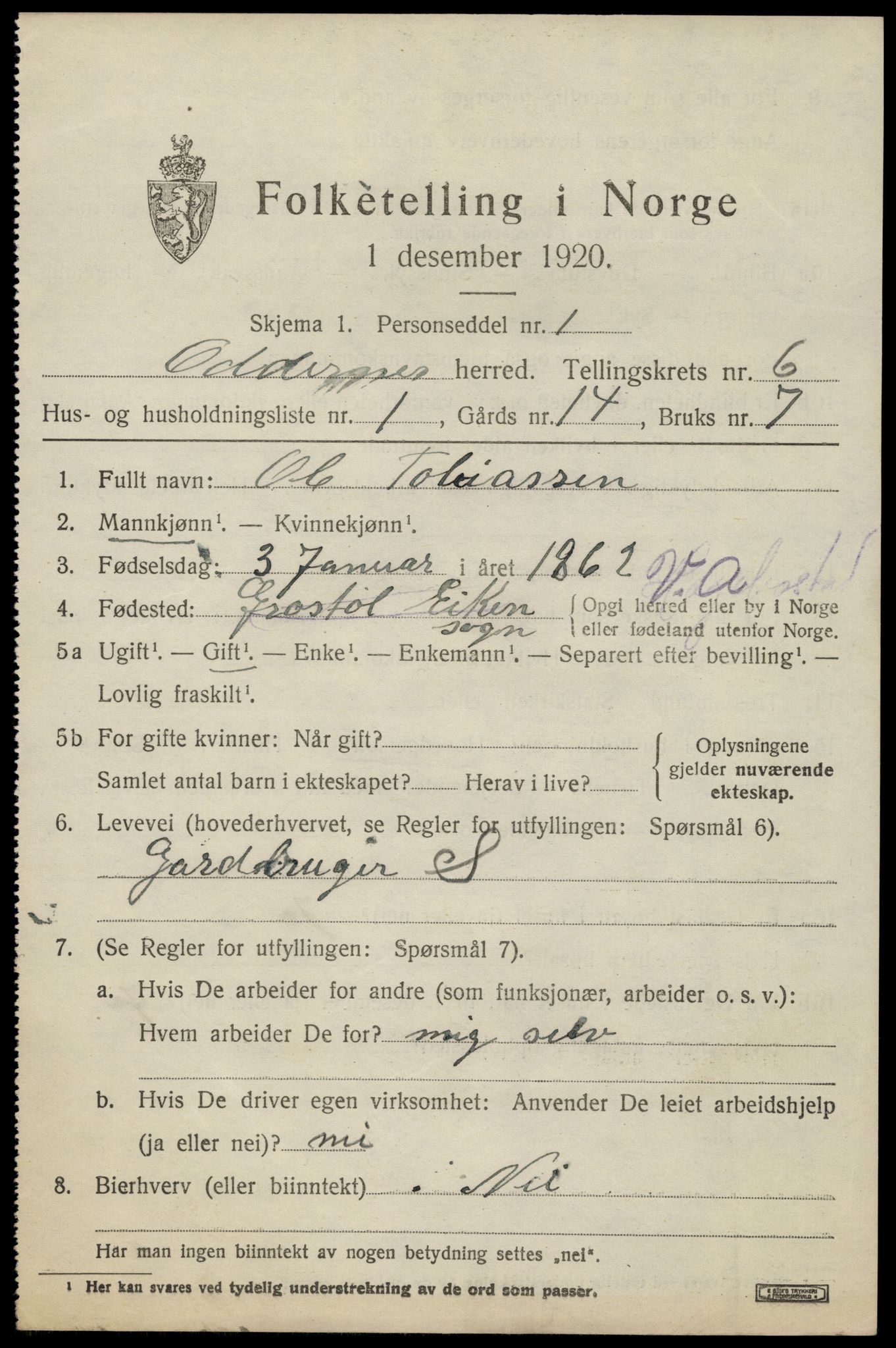 SAK, 1920 census for Oddernes, 1920, p. 4871