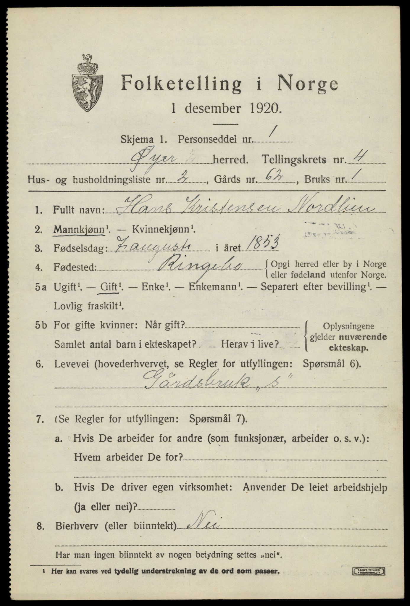 SAH, 1920 census for Øyer, 1920, p. 3957