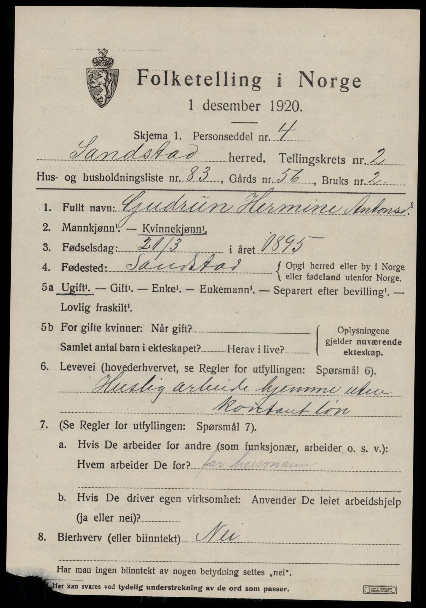 SAT, 1920 census for Sandstad, 1920, p. 1615