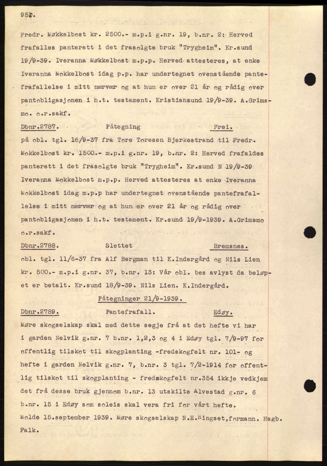 Nordmøre sorenskriveri, AV/SAT-A-4132/1/2/2Ca: Mortgage book no. C80, 1936-1939, Diary no: : 2787/1939