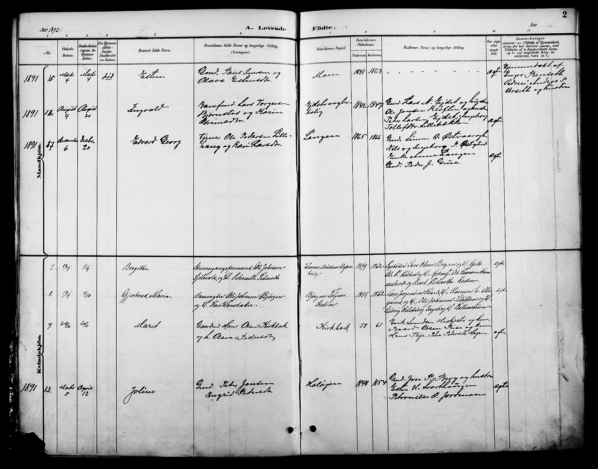 Tolga prestekontor, AV/SAH-PREST-062/L/L0009: Parish register (copy) no. 9, 1892-1919, p. 2