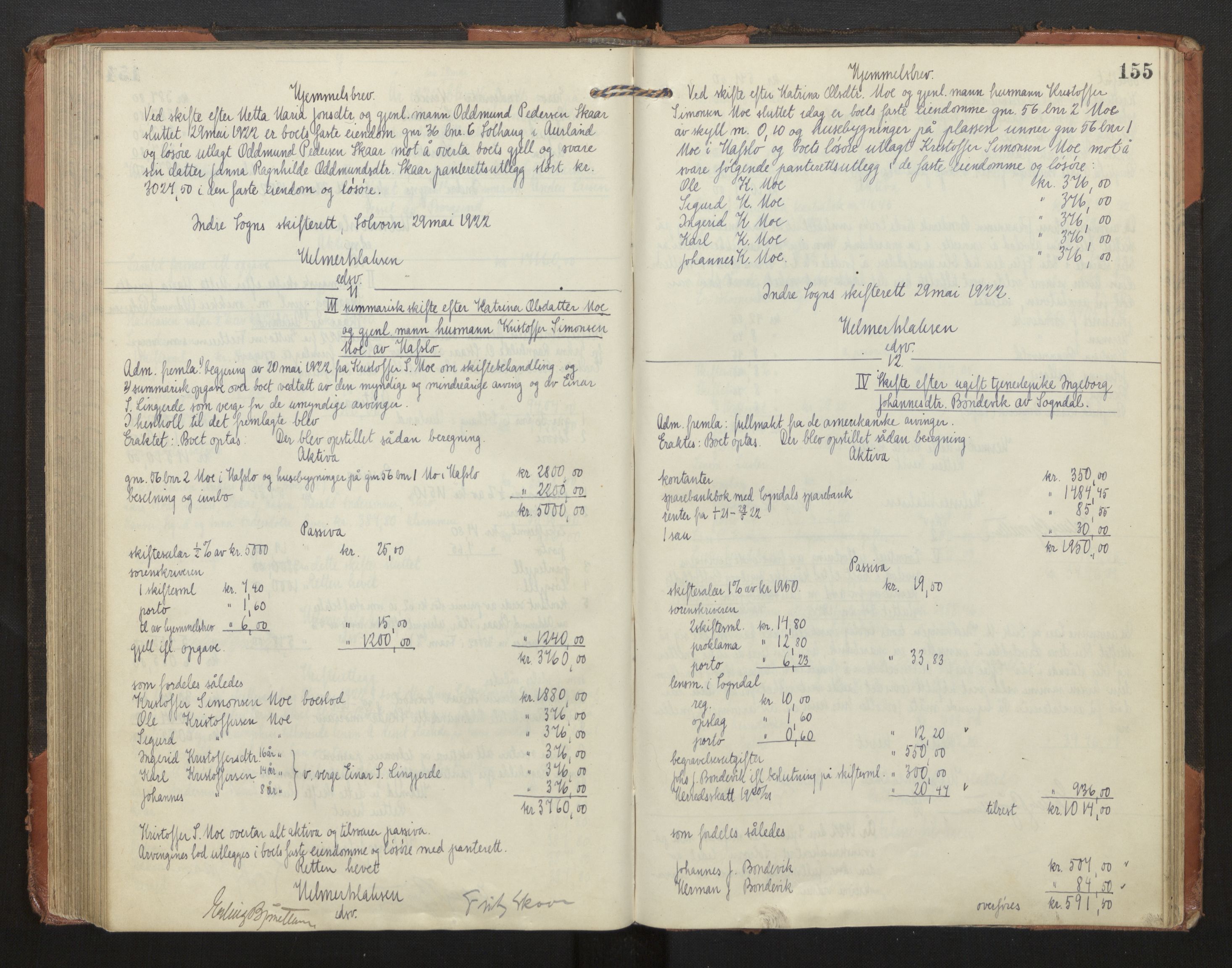 Indre Sogn tingrett, AV/SAB-A-3301/1/H/Hd/L0008: Skifteutlodningsprotokoll 8, 1912-1923, p. 154b-155a